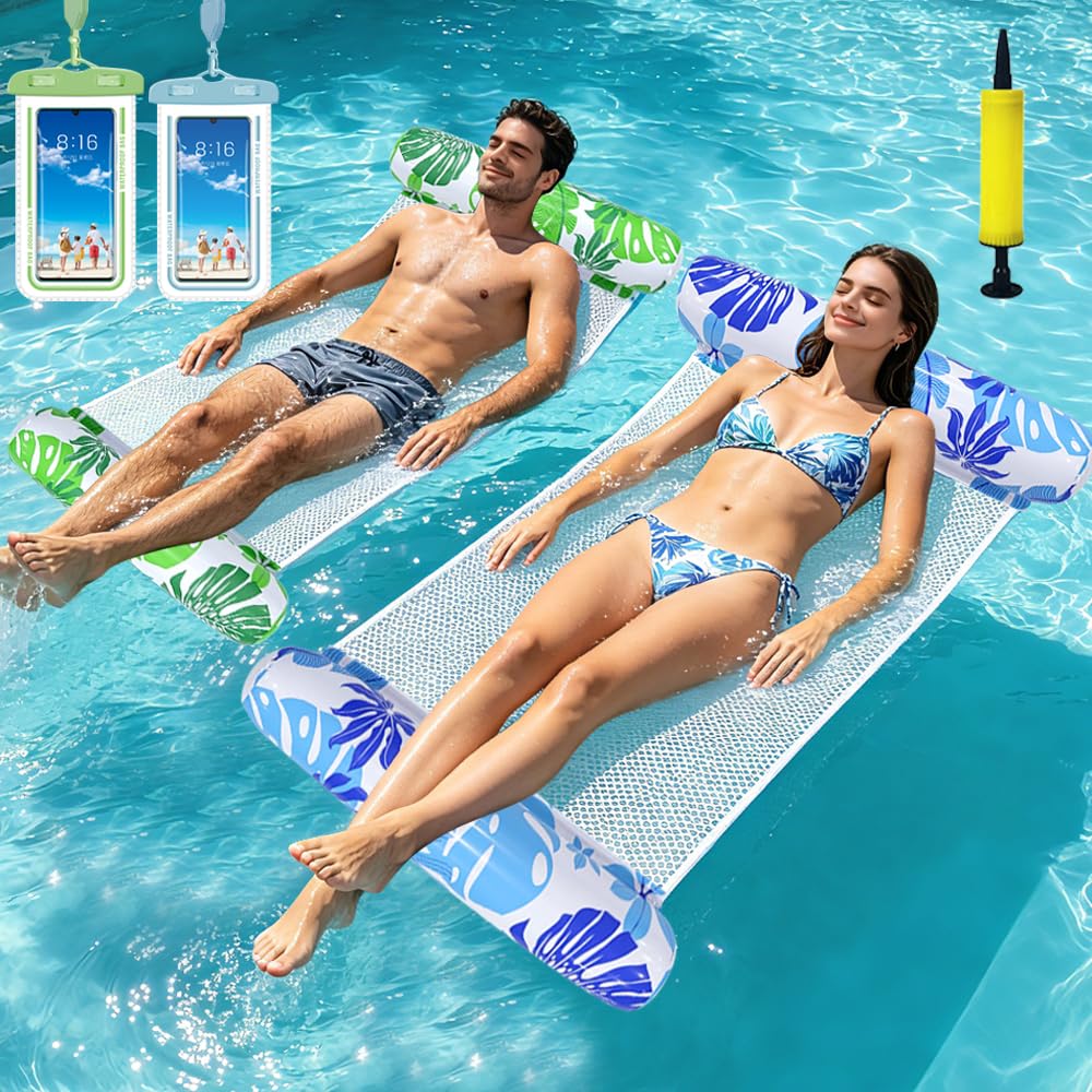 2 Pcs Inflatable Pool Floats Adult Size Water Hammock, 4-in-1 Water Hammock with 2 Waterproof Mobile Phone Bag, Enjoy Pool Float Water Hammocks for Swimming Pool Party Summer Lake Water Fun Beach