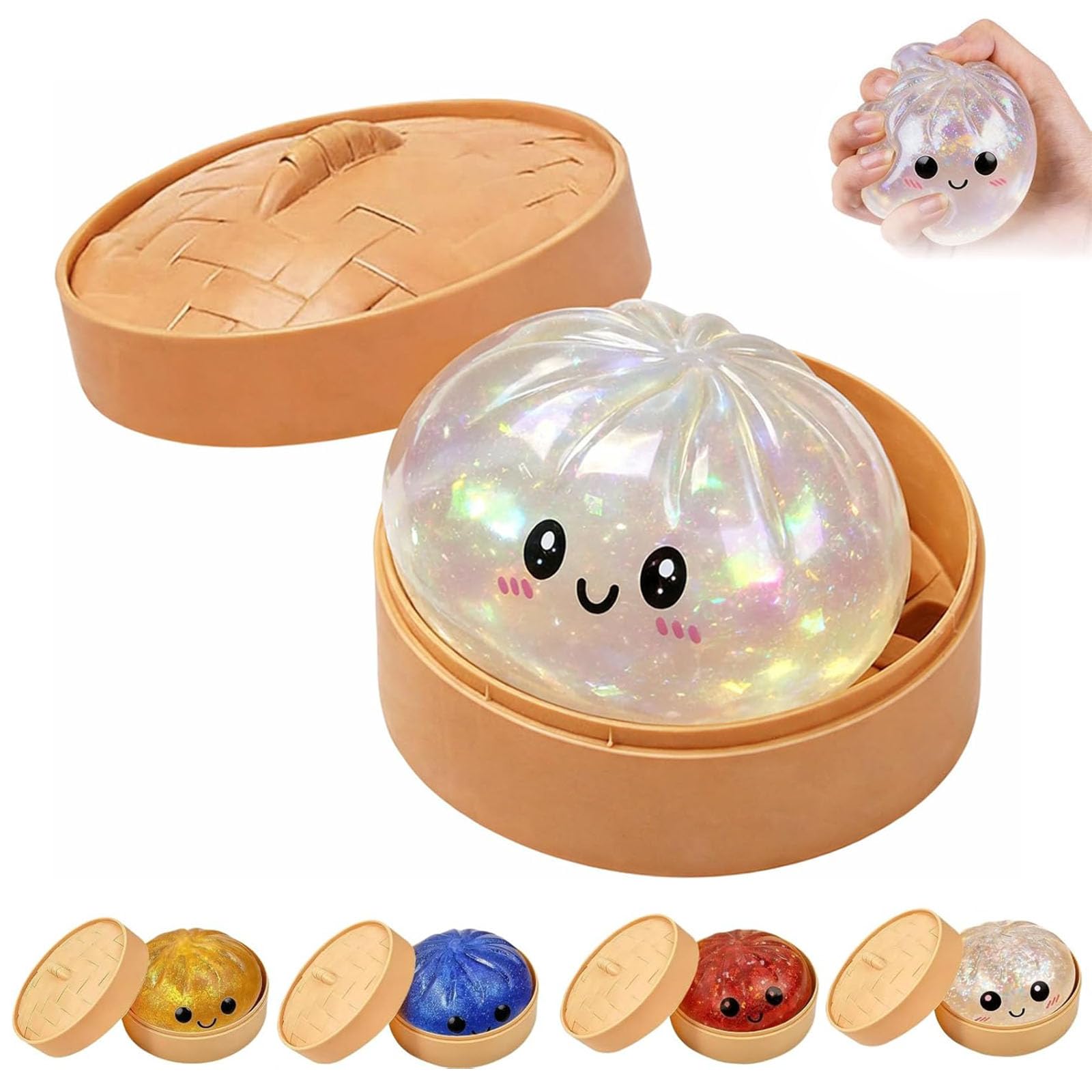 Dumpling Squishy Box Glitter,Cute Squishy Dumpling Toy with Steamer, Soft Slow Rebound Dumpling Stress Ball Sensory Fidget Toy, Easter Basket Stuffers