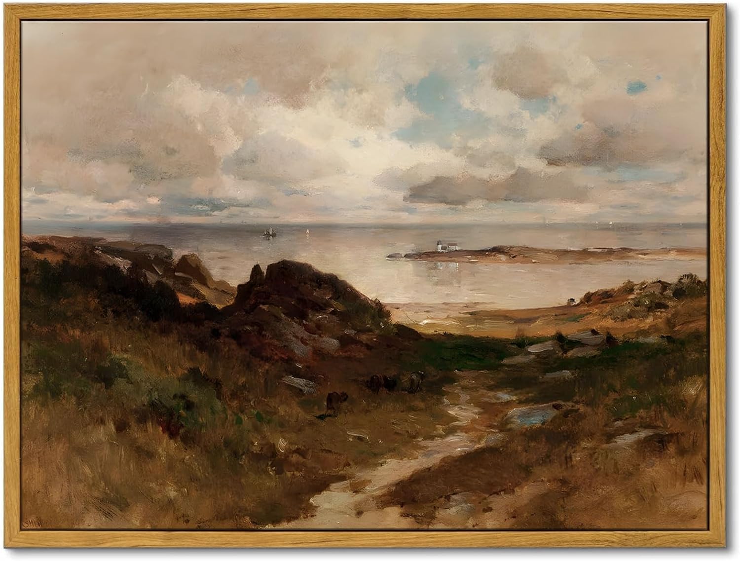 OIQArtOIQ Framed Vintage Landscape Wall Art Coast Natural Scenery Oil Painting Canvas Prints Country Farmhouse Aesthetic Decor Pictures for Kitchen Bedroom Living Room Bathroom