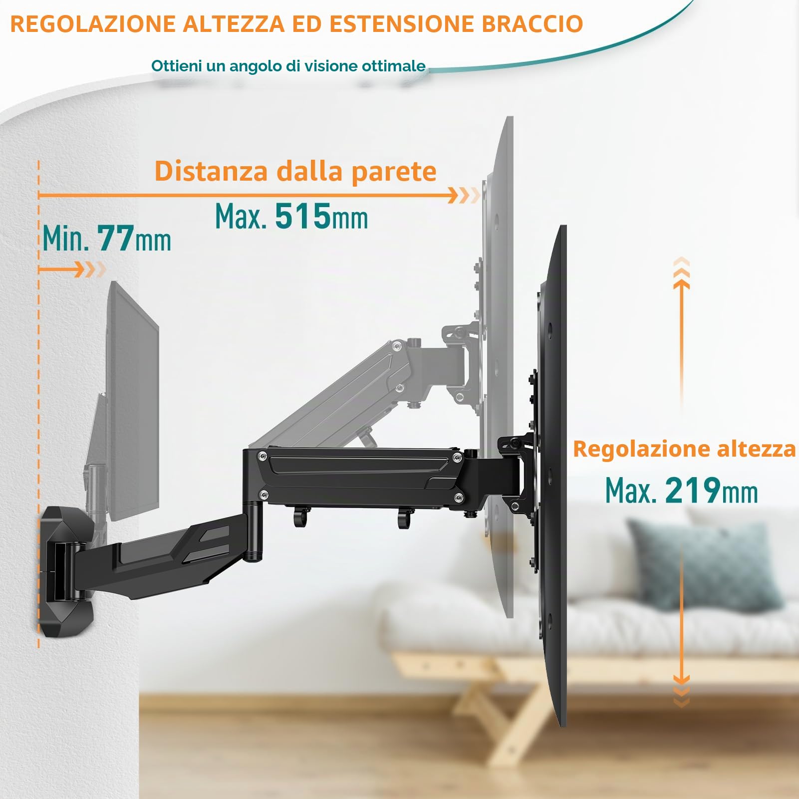 ELIVED Staffa a parete per TV Braccio a molla a gas regolabile in altezza, supporto a parete per la maggior parte dei televisori da 23-55 pollici con VESA 100x100mm-400x400mm fino a 25KG