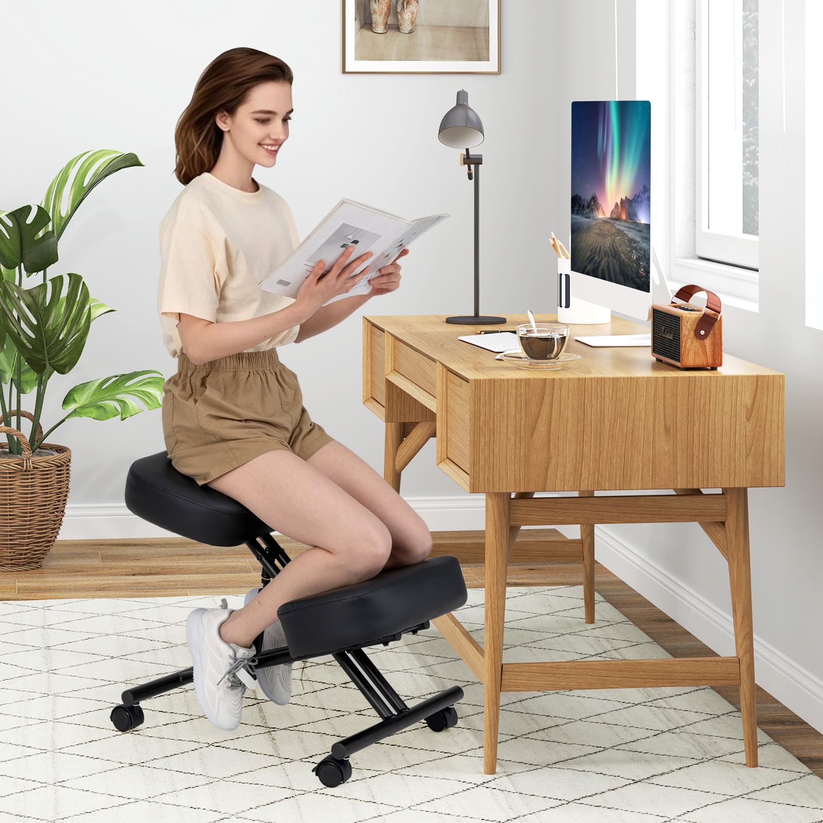 COSTWAY Silla Ergonomica Rodillas, Ajustable en Altura, Cojines de Espuma, Taburete Corrector de Postura con Asiento Inclinado para Aliviar el Dolor, Silla de Oficina con Ruedas Universales