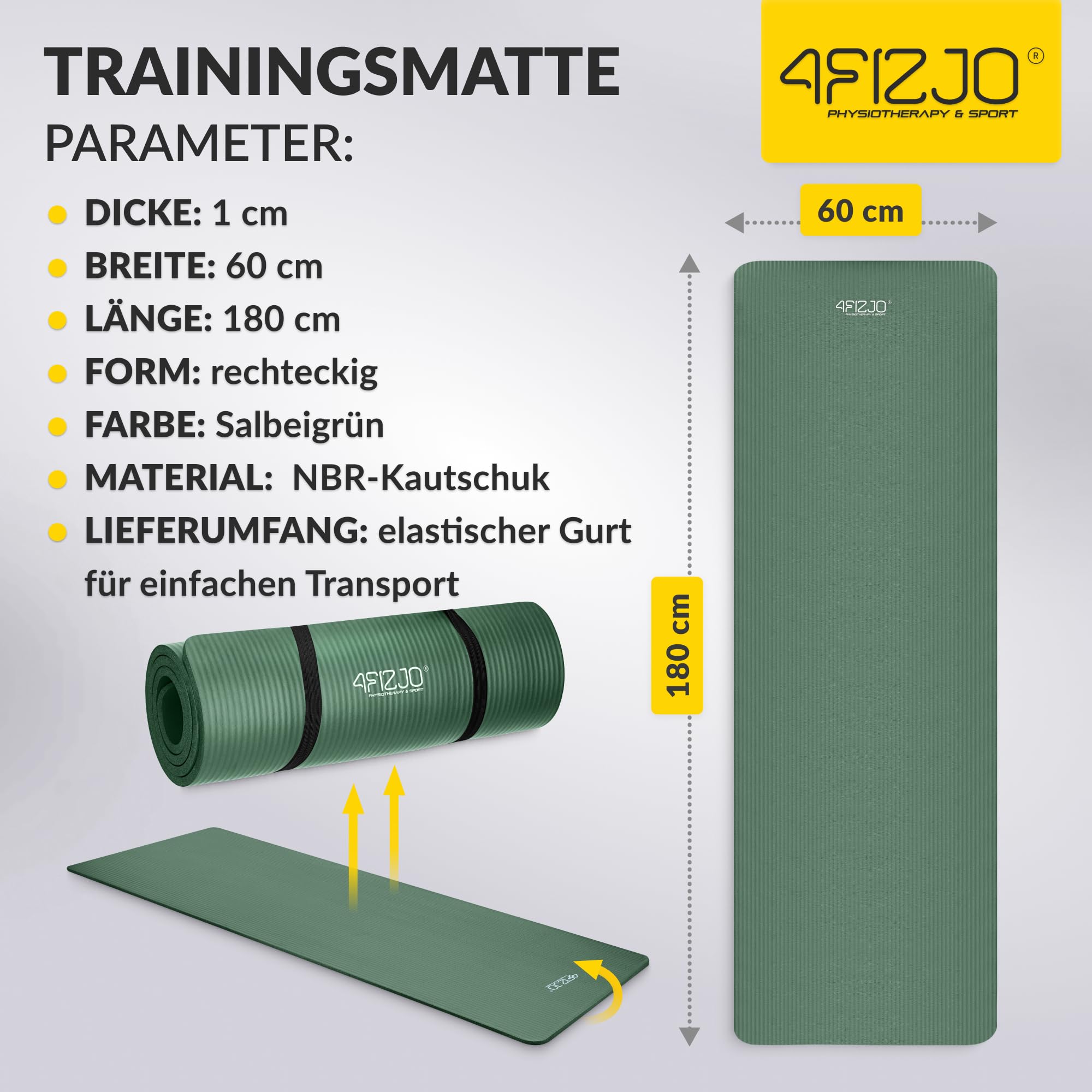 4FIZJO Fitnessmatte mit Tragegurt, Abm. 180x60 cm, NBR-Schaumstoff, Rutschfest, Komfort, In & Outdor, Pilatesmatte, Yoga Matte, Sportmatte, Gymnastikmatte, Trainingsmatte
