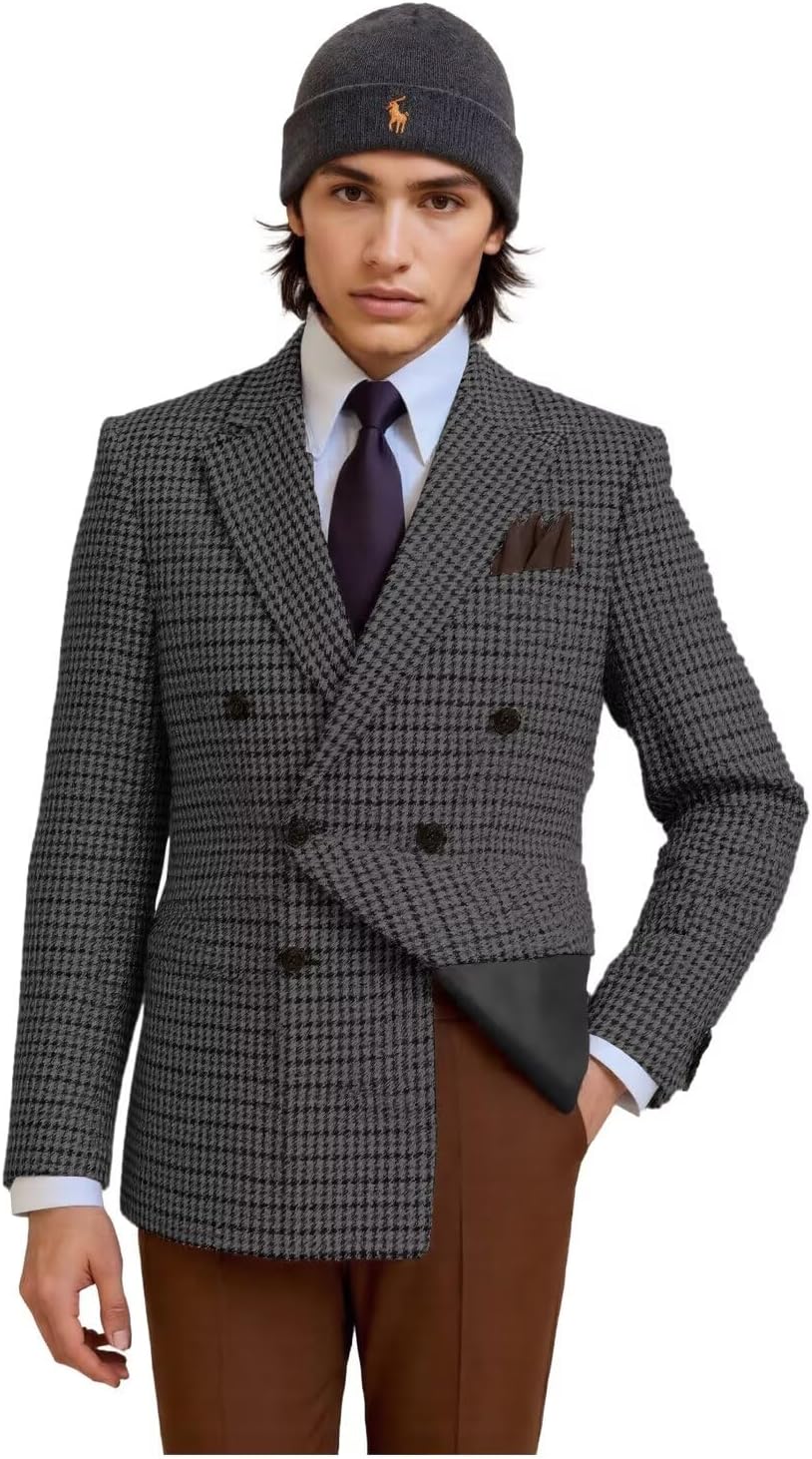 Plaid Men Suit Jacket Formal Double Breasted Blazer for Men Business Regular Fit Peak Lapel Mens Blazer