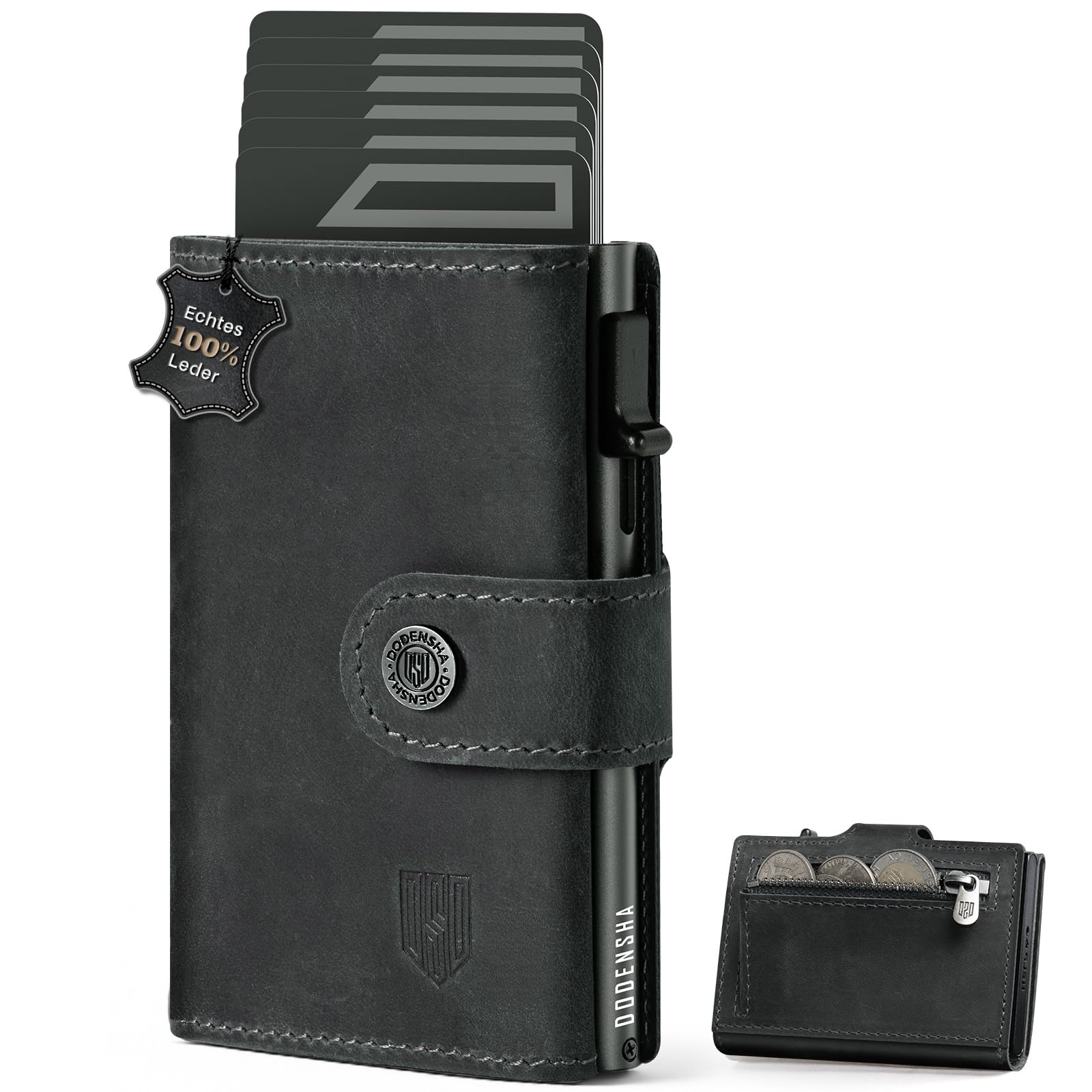 DODENSHA Slim Wallet mit Münzfach | Herren Geldbörse mit Knopf | Wallets for Men | Portmonee Herren mit Ticket Fach | Pop-up-Kreditkartenetui Geldbeute für 7-9 Karten | RFID Schutz
