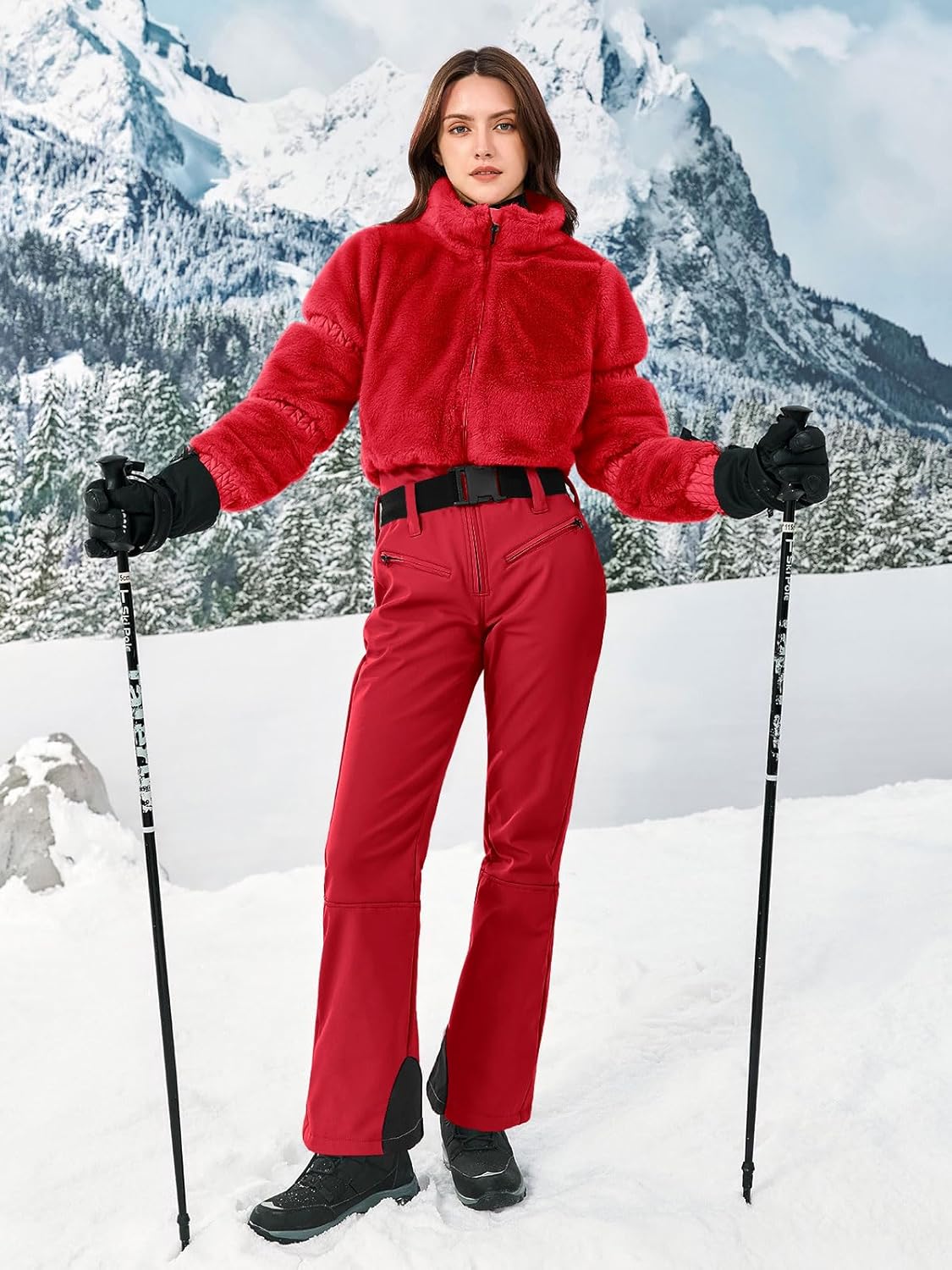 Yousify Womens Snow Suits One Piece Ski Suit Faux Fur Collar Jumpsuit Windproof Winter Warm Ski Outfits for Snowboarding