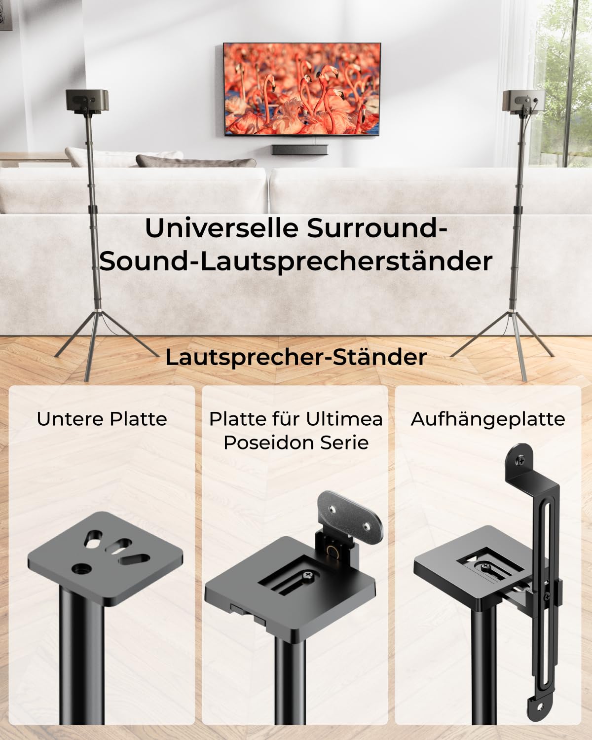 ULTIMEA 2er Set Universal höhenverstellbar, Schwarz Lautsprecher ständer, Boxenständer ausziehbar von 62 cm bis 93 cm für Satelliten & Regallautsprecher mit Einer Belastung bis zu 3 kg, Steady 310