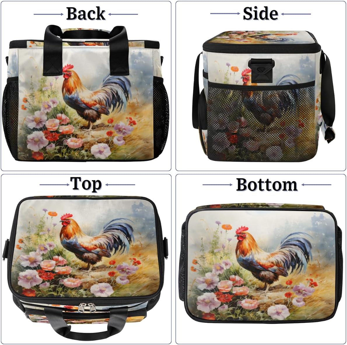 Watercolor Chicken Insulated Picnic Backpack Lunch Box for Women Men Picnic Basket Tote Lunch Bag Picnic Bag Portable Lunch Bags for Picnic, Beach, Work, Trip,Office, Camp Rooster Flowers
