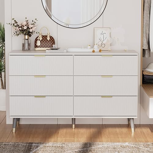 Miniatura 7 de JOZZBY Cómoda de 6 cajones para dormitorio con panel estriado, cómoda blanca de madera con asas doradas, cómodas modernas para pasillo, entrada