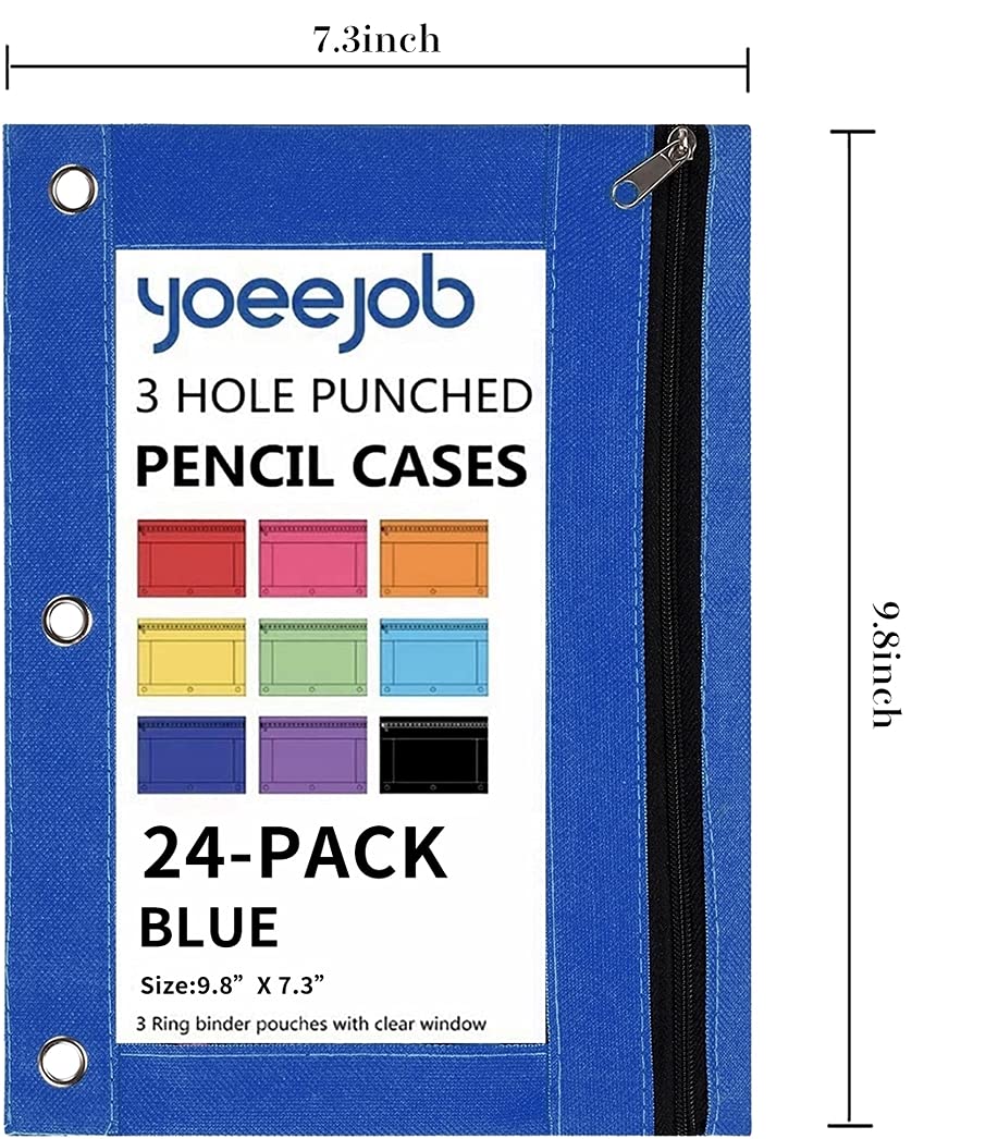 YoeeJob Bolsas para carpetas con 3 anillas, estuche para lápices con ventana transparente, bolsa de papelería con cremallera para oficina de clase escolar, paquete de 24, azul
