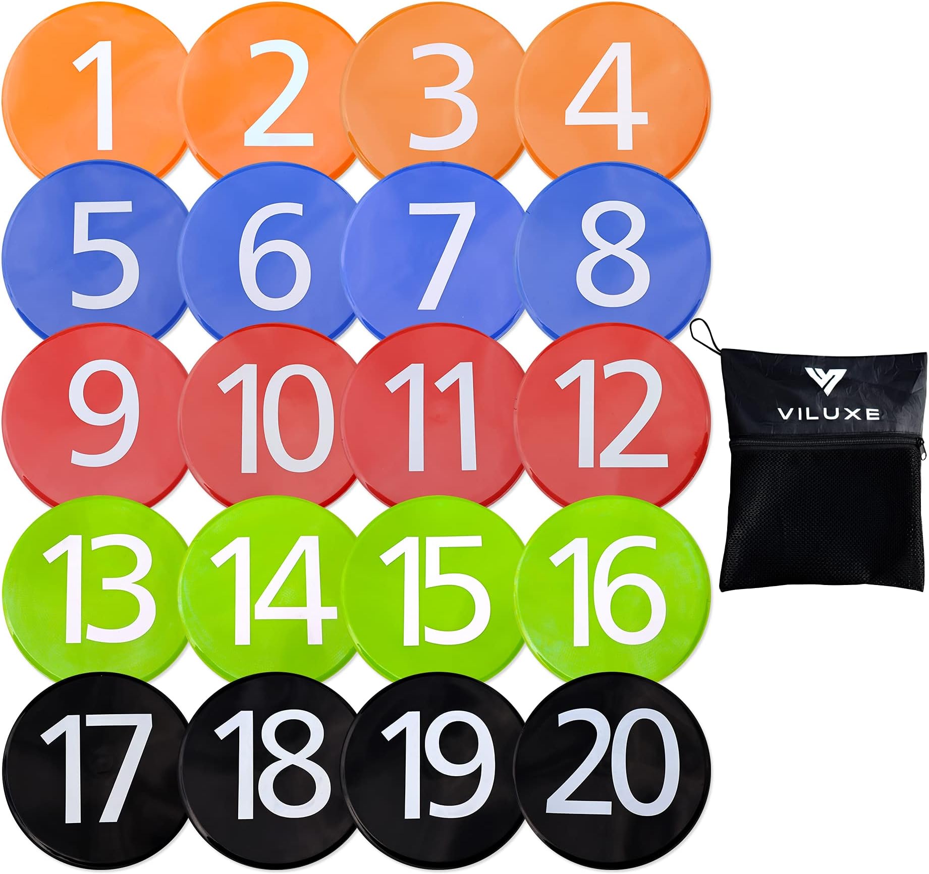 Speed & Agility Training Large Pro Flat Disc Markers Numbered [Set of 20] Multi-Colours with Non-Slip PVC Grip | Diameter: 20cm | Carry Bag | Sports Equipment for Football, Boxing & Badminton