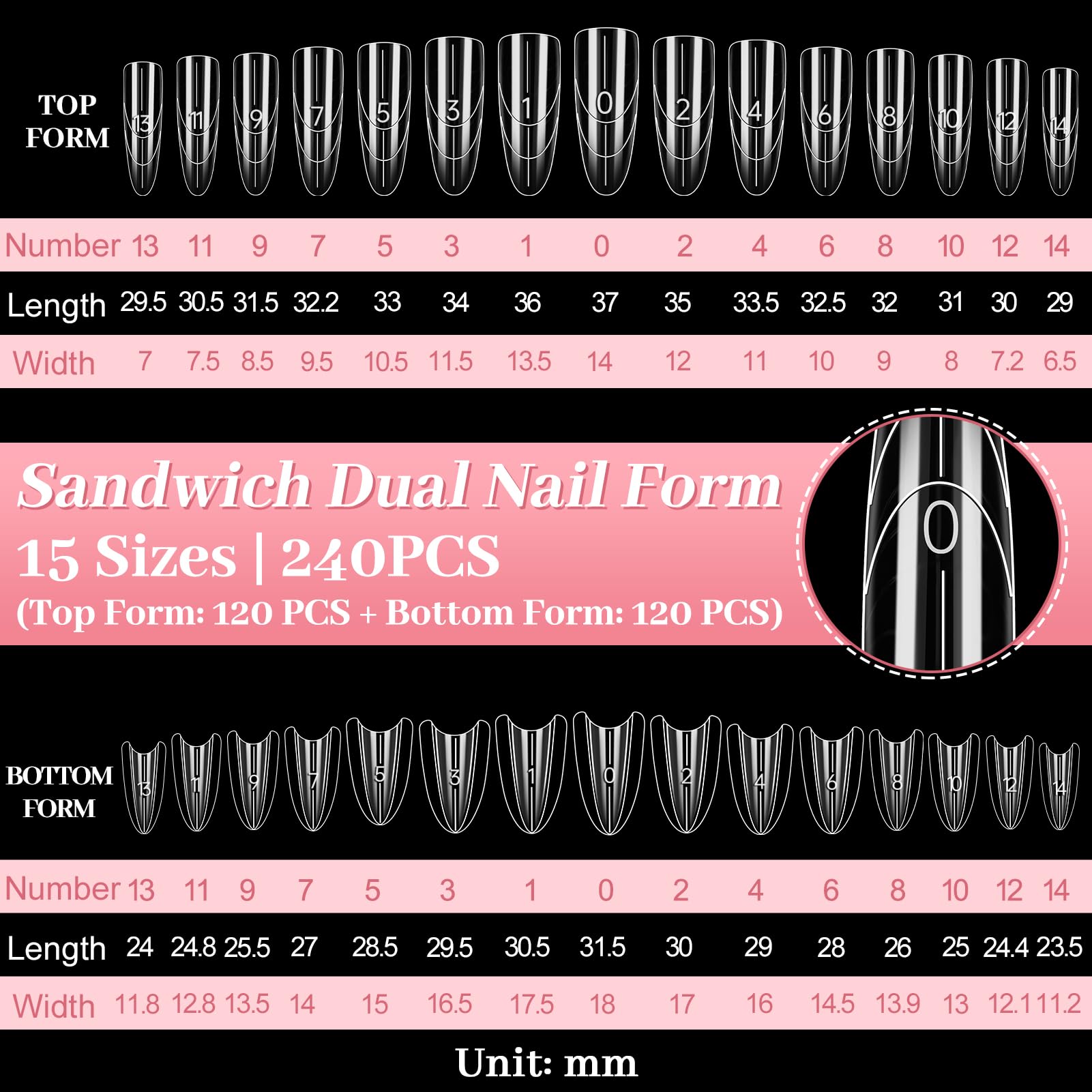 Kiiwah 240 sztuk Sandwich Dual Forms Paznokcie, Wielokrotnego użytku formy do paznokci do budowy paznokci z żelu, akrylowo-poliżelowa forma do paznokci Sandwich do manicure w domu i salonie