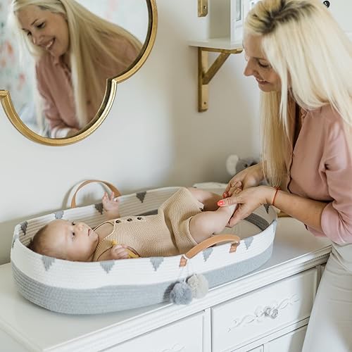Miniatura 6 de Vesta Baby Cesta cambiadora de moisés de cuerda de algodón tejida, portátil, para cuarto de bebé, con almohadilla de espuma suave y 2 fundas