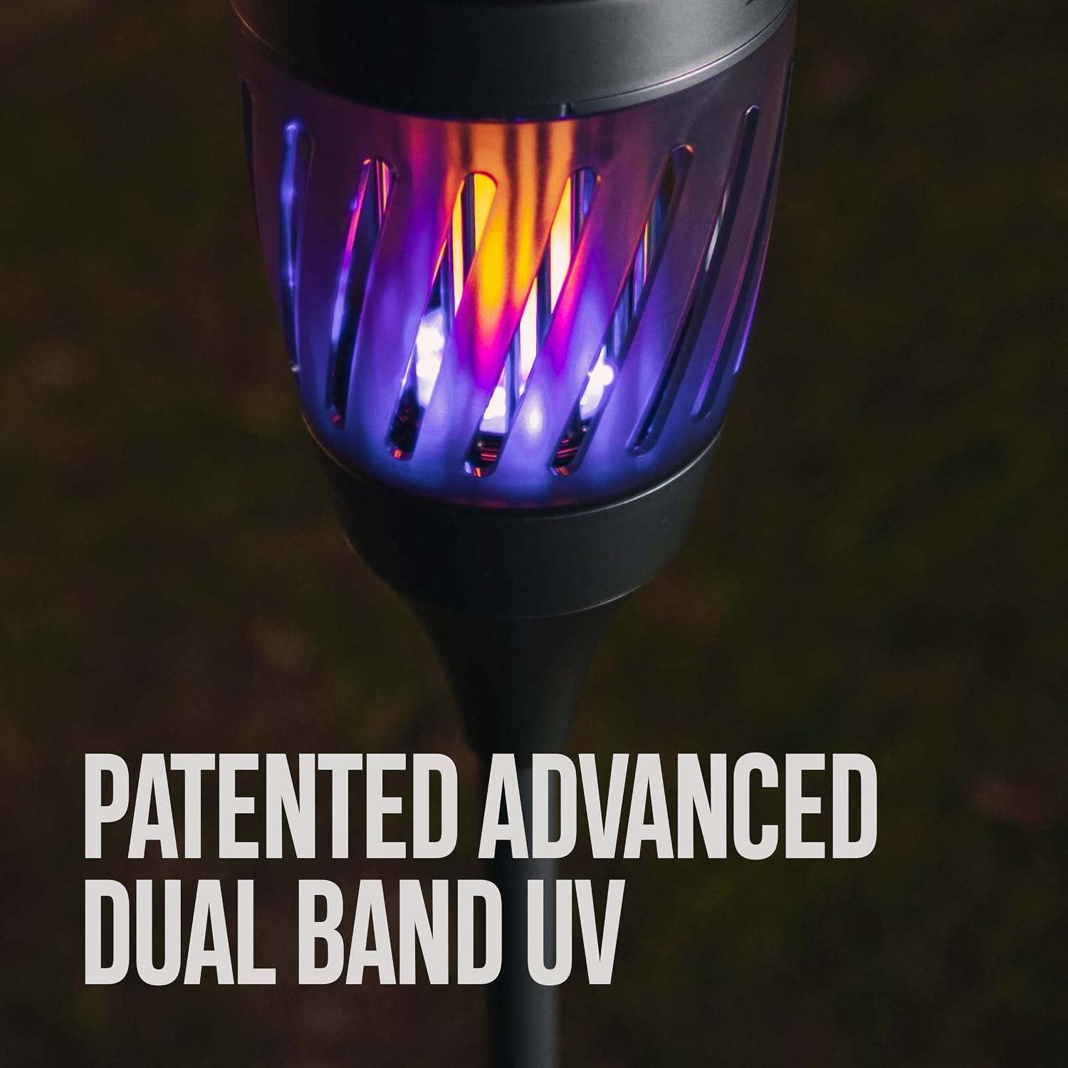 Close-up of the SKEETER HAWK Solar Tiki Torch Zapper showing the patented advanced dual band UV light