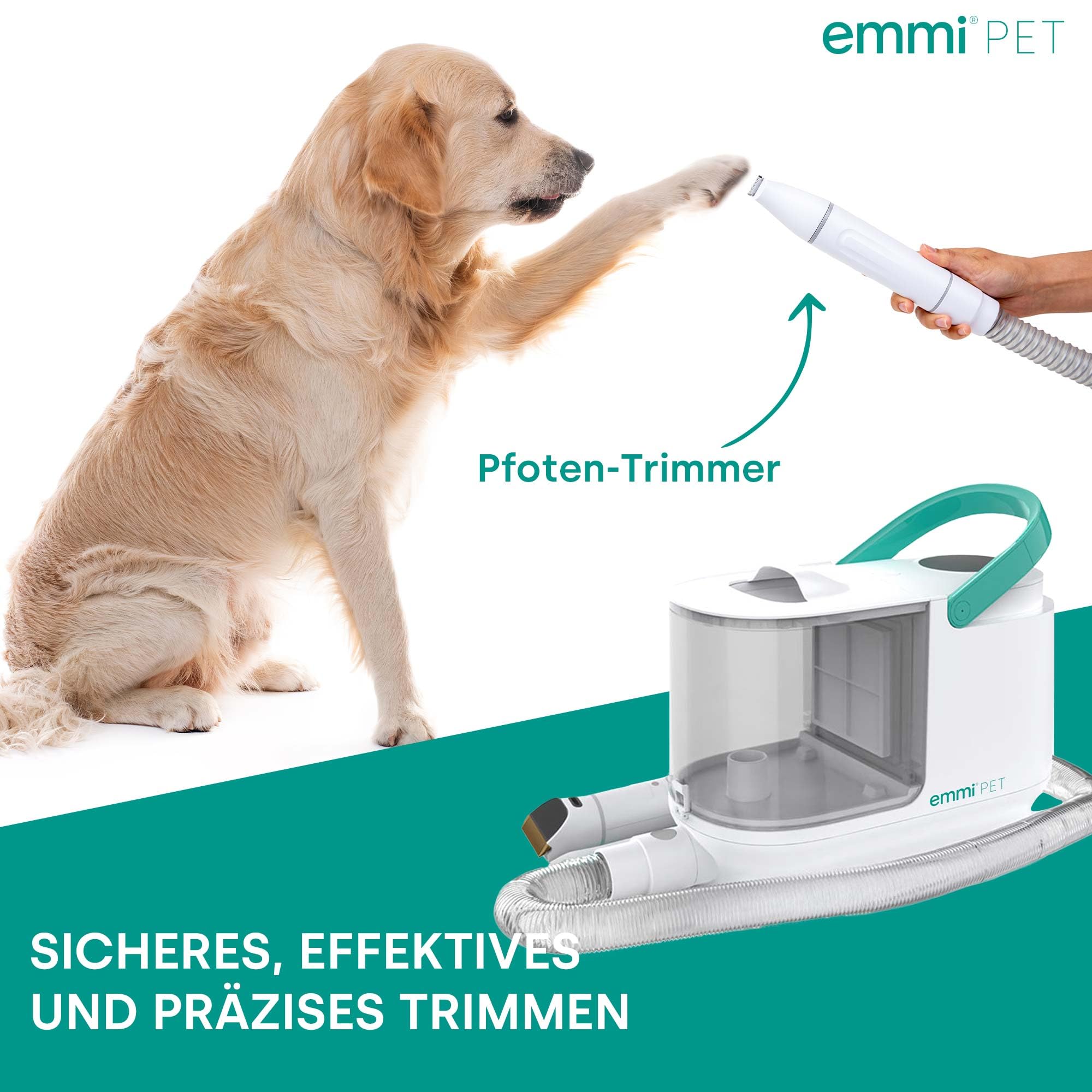 Emmi-pet Grooming Kit Pro – 8 en 1 – Esquiladora para perros con aspiradora, esquiladora, peine y 8 cepillos profesionales – 3 niveles de succión para perros y gatos – Cuidado de las uñas y depósito