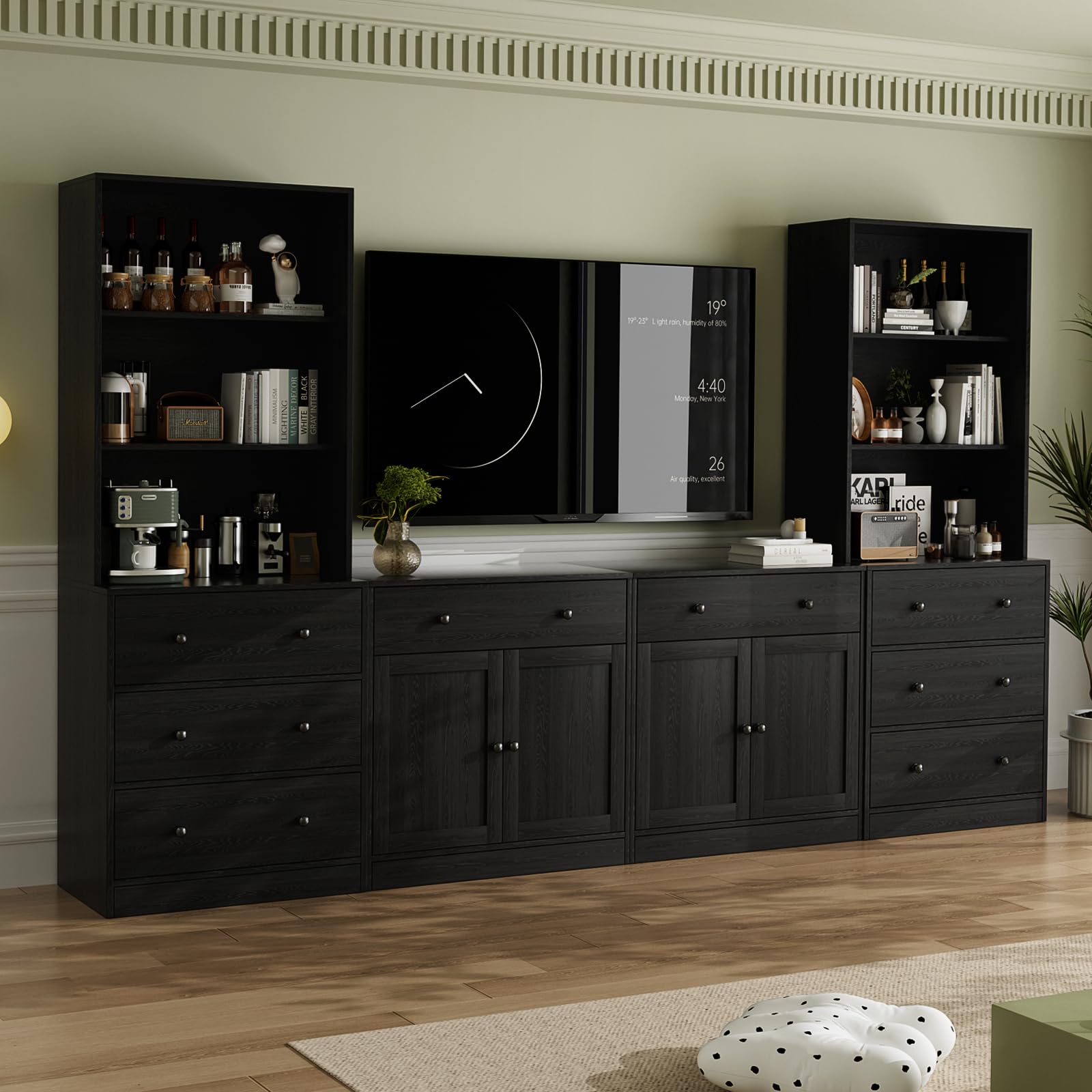 VOWNER 4PSC Großer TV-Schrank mit Bücherregalen für Fernseher bis zu 70 Zoll, 280 cm Long tv Ständer mit gehärteten Glastüren und Einlegeböden, fernsehschrank für Wohnzimmer, 2A+2C (Schwarz)