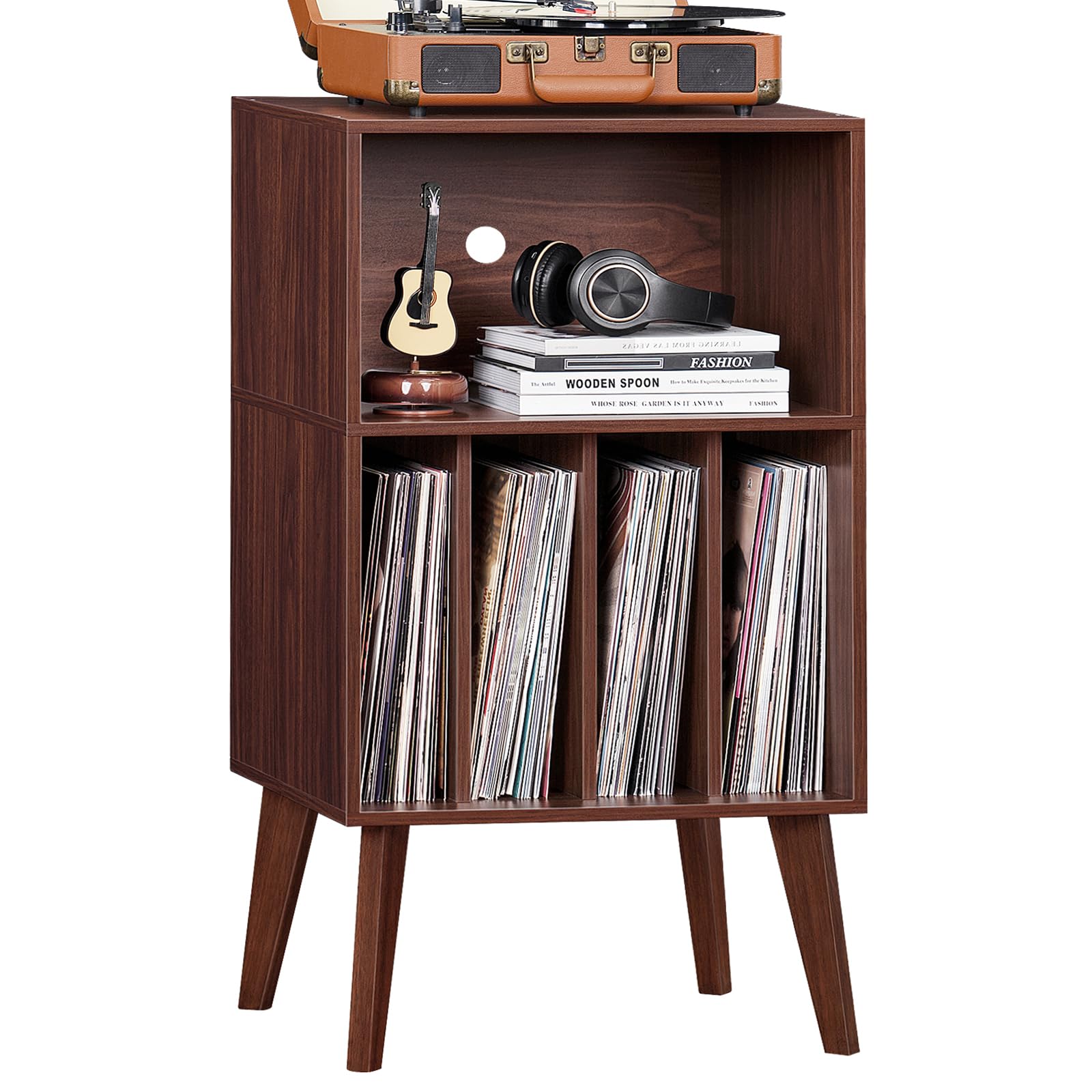 LELELINKY Supporto per giradischi, offre spazio fino a 160 album, supporto in vinile Mid-Century, tavolo con gambe in legno, noce