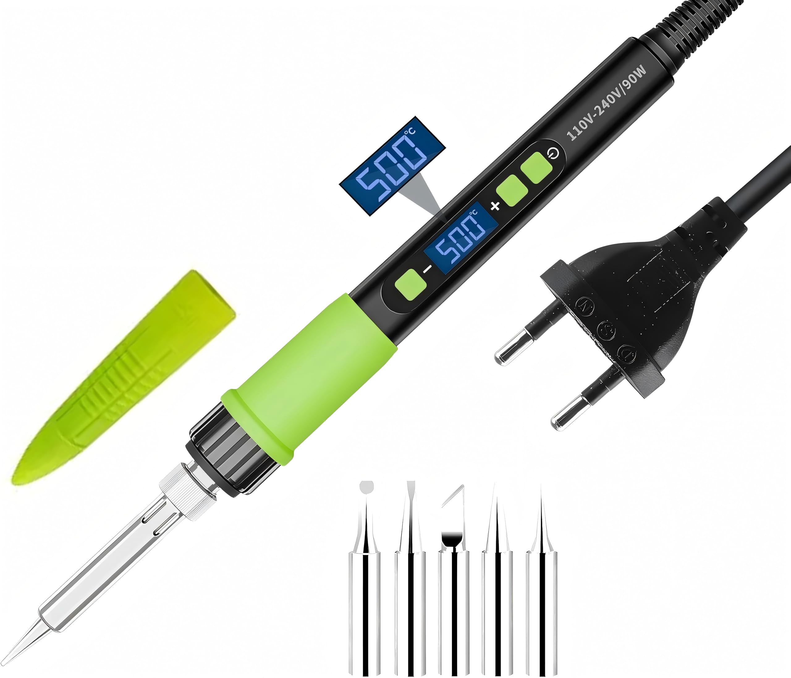 Soldador de estaño 90W con LCD Temperatura Ajustable 180℃-500℃, Modo Auto Sleep, 5 Puntas de Soldadura Diferentes, Kit para reparaciones y principiantes