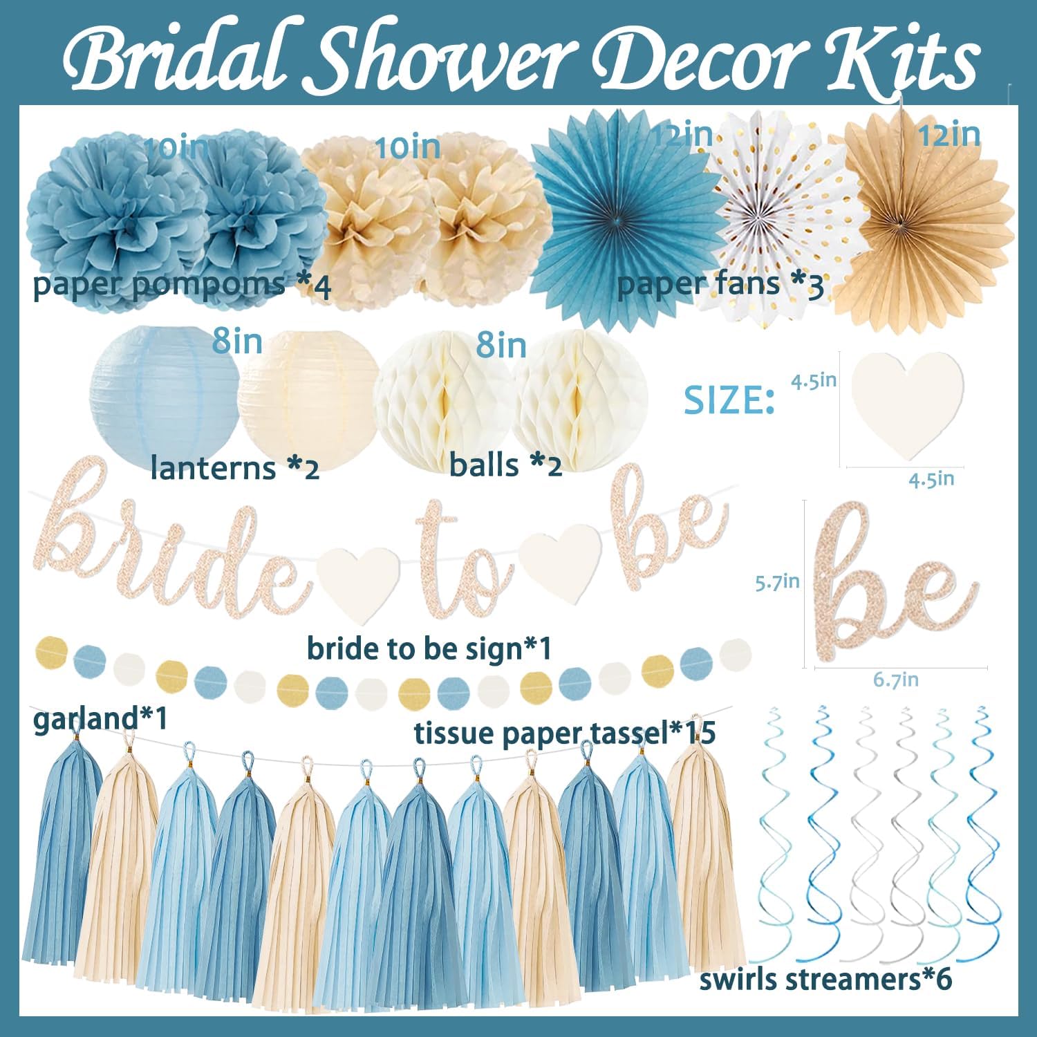 Champagne-Dusty Blue Beige Boho Bachelorette Party Decorations- Bride To Be Banner, Bridal Shower Paper Lanterns, Streamers, Tissue Pom Poms, Blue Beige Boho Paper Tassel, Rustic Backdrop Decor - Image 2