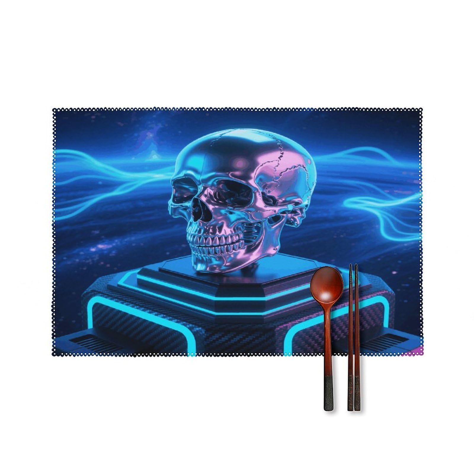Titanium Skull Placemats Set of 4 Heat Resistant Non-Slip Place Mats for Dining Table Washable Placemat Wipeable Dining Table Mat Canvas Place Mats Dining Table Decor
