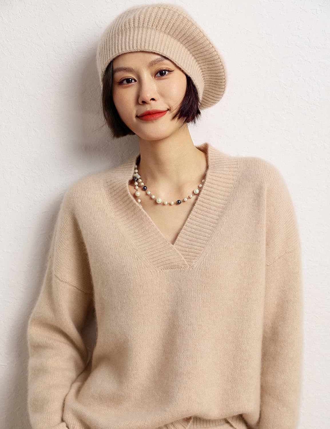 Cashmere Berets Hats Women Winter Warm Merino Wool Knitted Oversized Beige Beanie - Image 2
