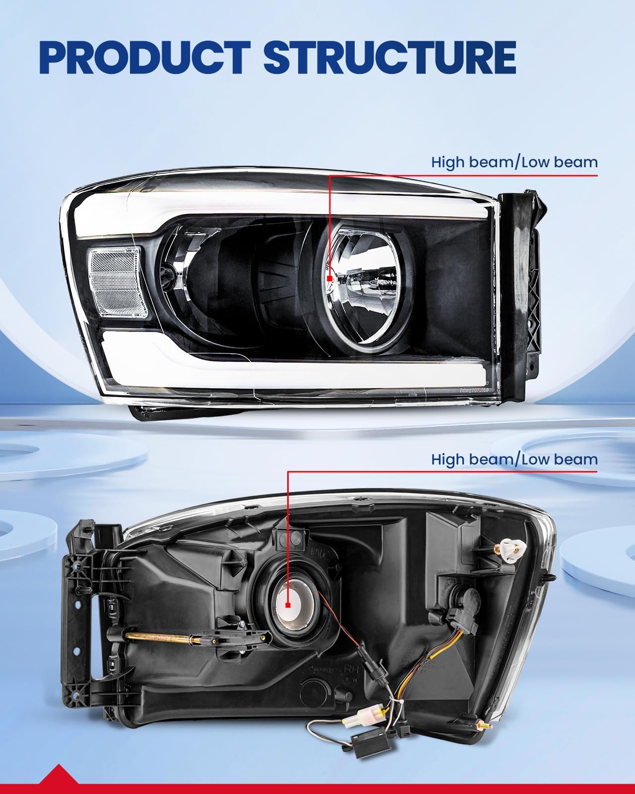 KAX LED DRL Headlight Assembly Fit for 2007-2008 Ram 1500, 2007-2009 Ram 2500/Ram 3500, Headlamp Replacement Pair with Daytime Running Light Black Housing Clear Lens