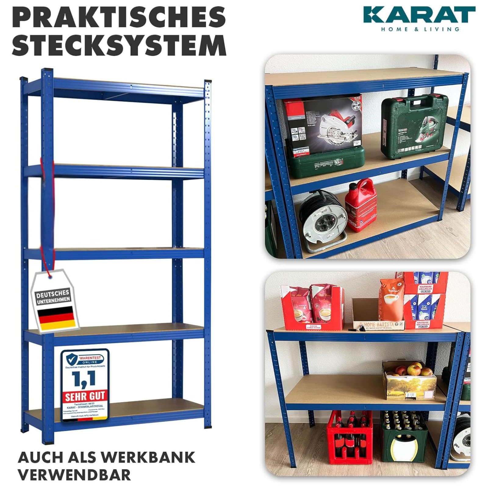 KARAT Estantería para cargas pesadas, juego de 2 unidades, estantería sin tornillos, estantería para sótano, estantería de almacenamiento, 5 estantes ajustables (azul, 50 x 100 x 200 cm)