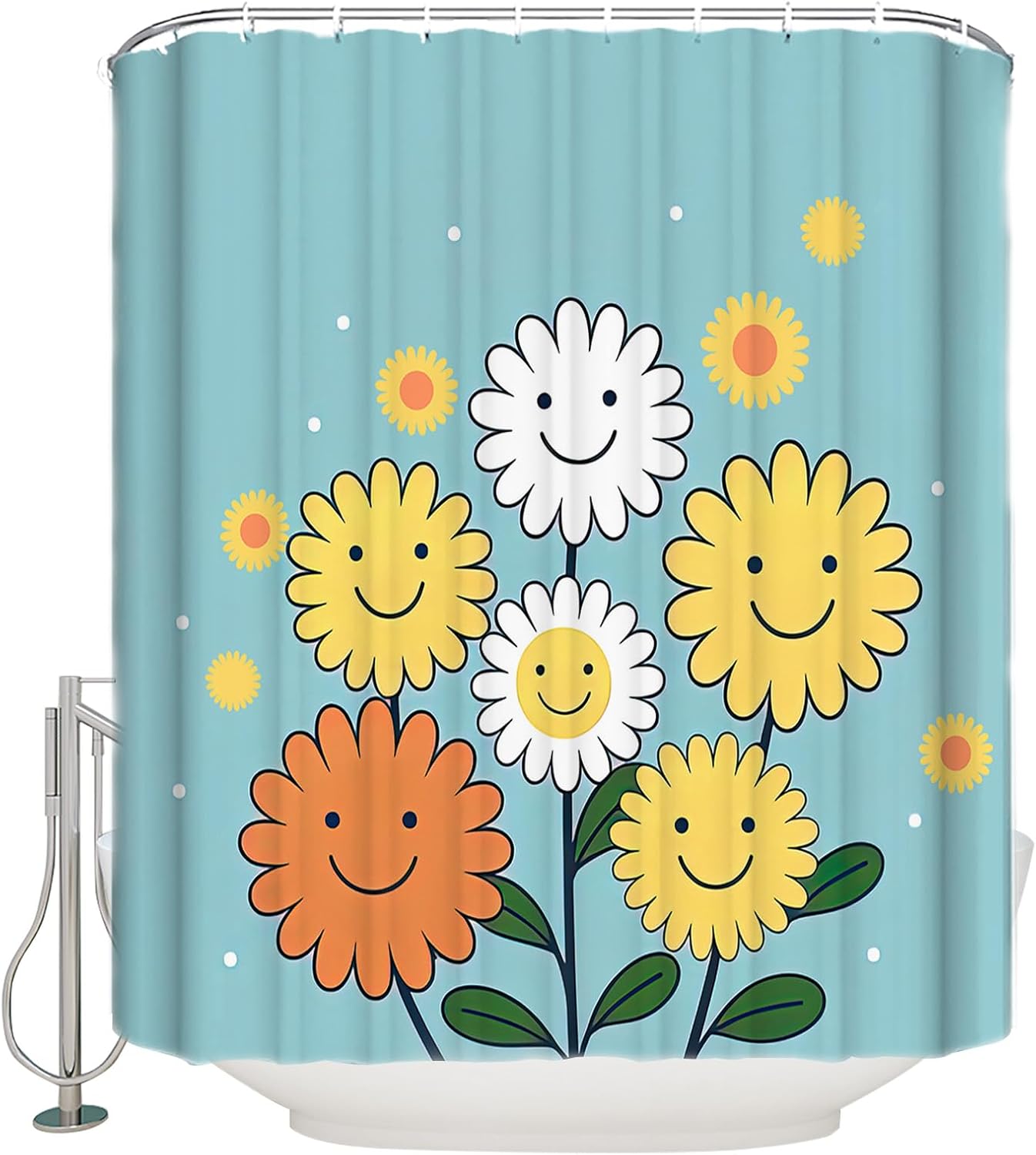 Abstract Shower Curtain for Bathroom 66" x 72", Cute Yellow and White Smile Flowers Blue Shower Curtain with Hooks Polyester Waterproof Home Bathtub Decor