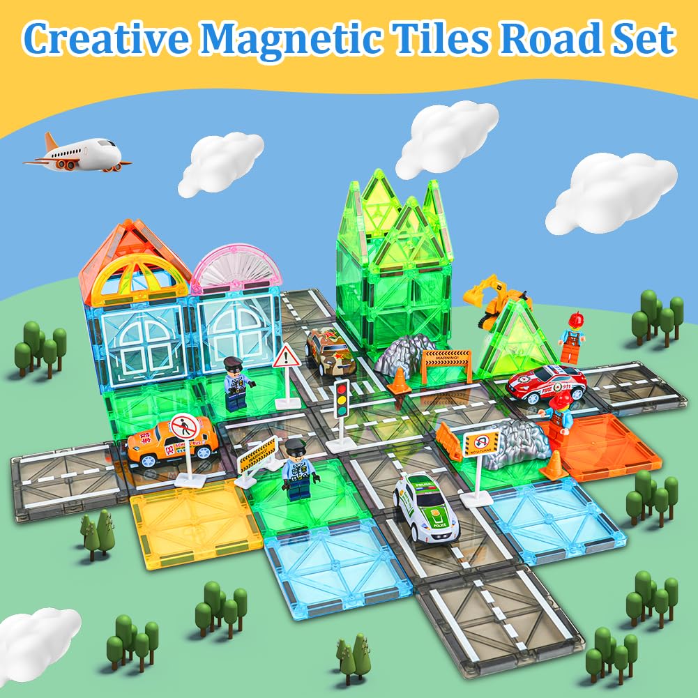 HOTUT Magnetic Tiles Road Building Blocks, 125 Pcs Magnetic Tiles City Road Set Kids Toys - Image 3