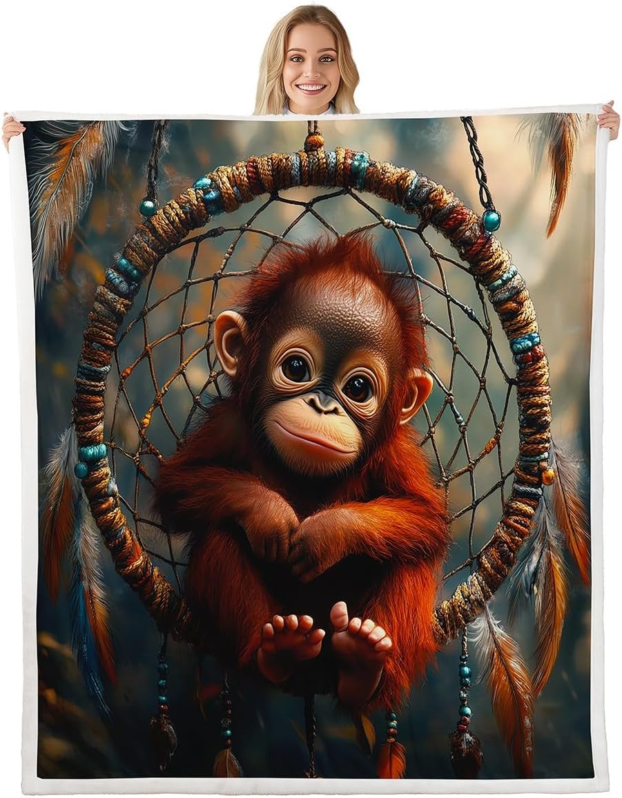 Erosebridal Monkey Blanket Dream Catchers Throw Blanket 50"x60",Boho Feather Fleece Blanket Woodland Animals Bed Blanket,Exotic Bohemian Decor for Sofa Couch Travel Camping