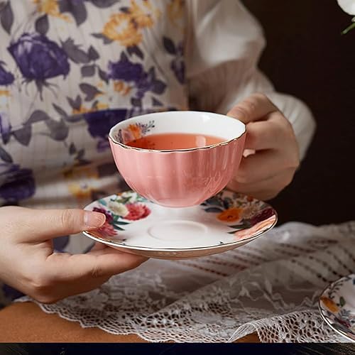 Miniatura 10 de ONEUSTAR Juego de taza de té y platillo para 1 taza de té floral de porcelana con cuchara, taza de café de 8 onzas, taza de café con leche para