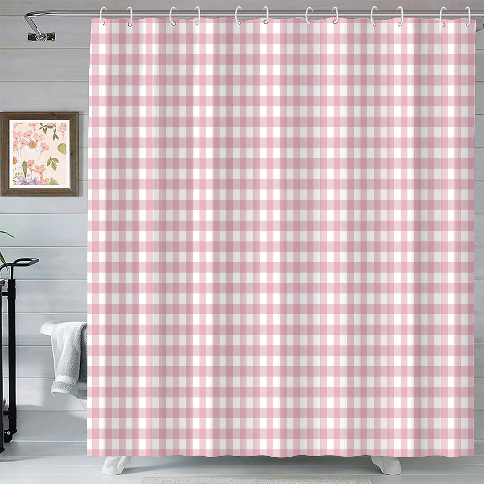 GardEssere Abstract Pink Gingham Shower Curtain for Bathroom Pink Checkered Bath Curtain with 12 Hooks Waterproof Polyester Curtains Festival Gift 153X183 CM