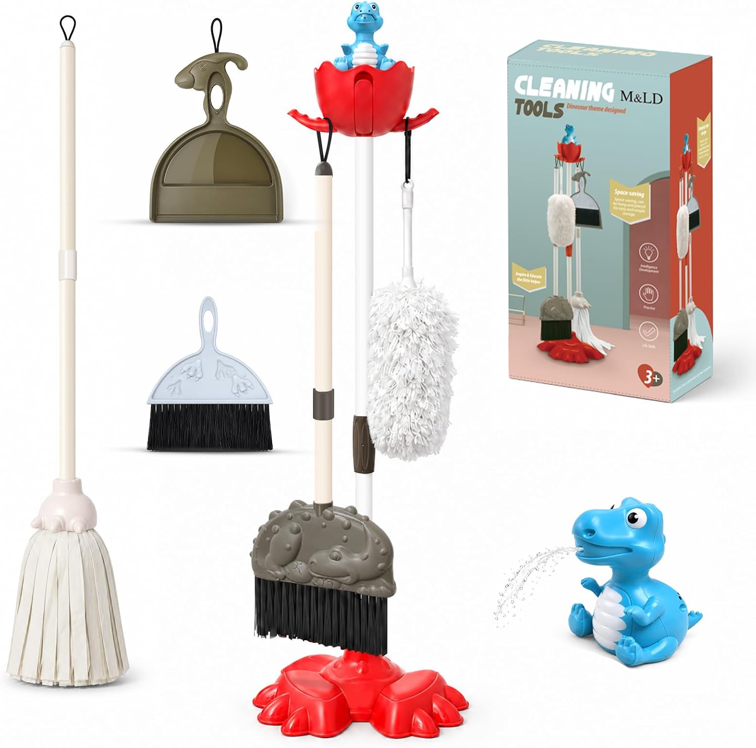 Kids Dino Cleaning Set, 8 Pcs Pretend Play Housekeeping with Interactive Spray Dino & Hidden Rack, Includes Broom Mop Dustpan Duster, Waterproof ABS Montessori Toys, Gift for Toddlers Boys Girls 3-6