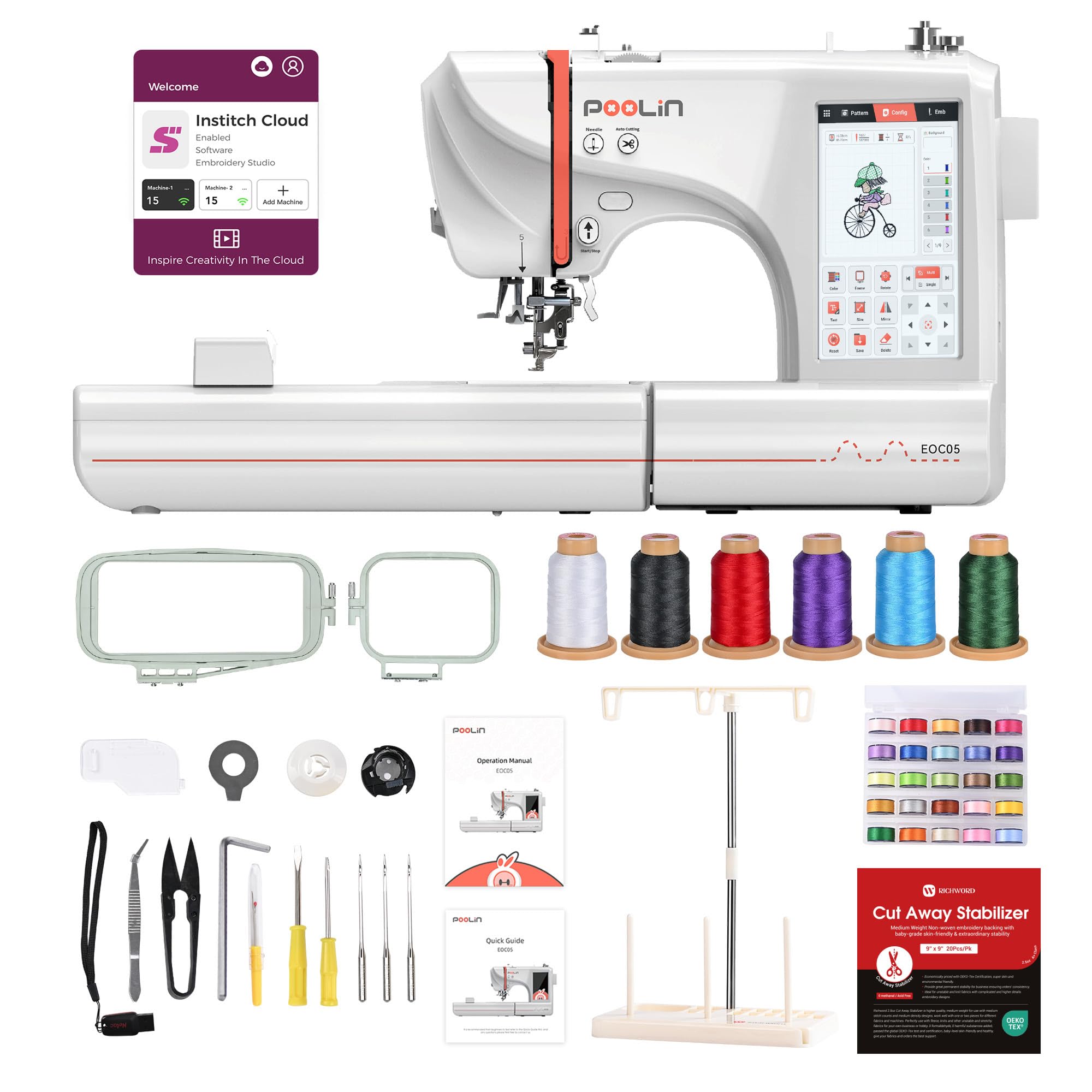 PooLin EOC05 macchina da ricamo elettronica - Schermo LCD touchscreen da 7", cornici 10×10 cm e 10×23,5 cm, importazione di motivi USB/Wi-Fi, ideale per principianti ed esperti
