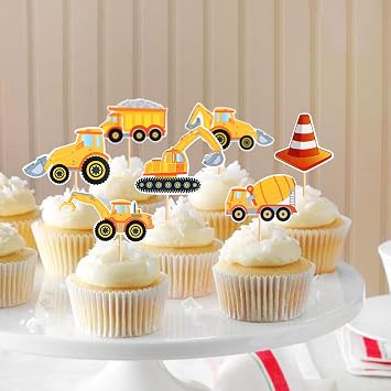 24Pcs Construction Cupcake Toppers Stop Sign Dump Truck Excavator Tractor Party Cake Food Picks Decorations for Construction Theme Baby Shower Kids Birthday Party Supplies