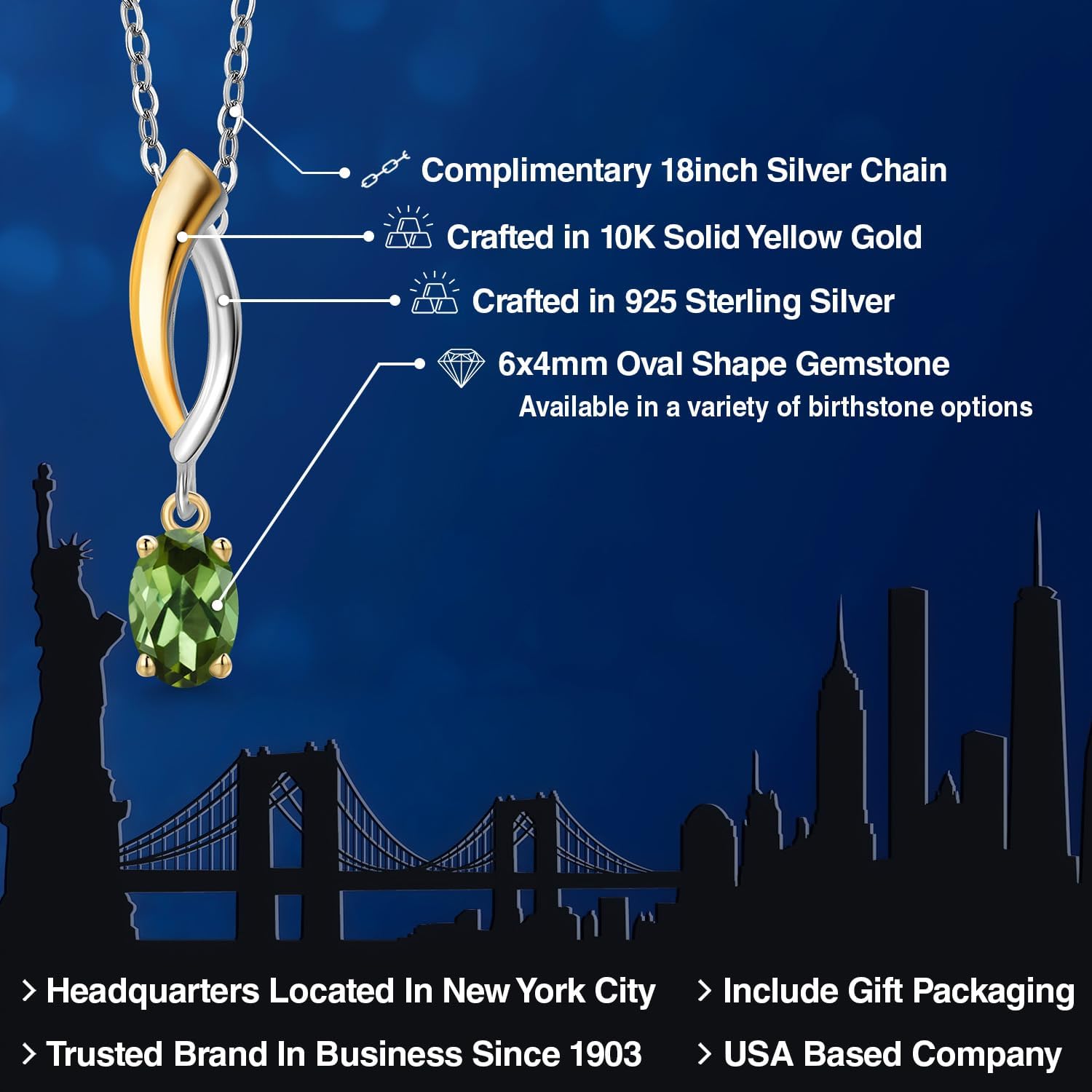 Gem Stone King 925 Silver and 10K Yellow Gold Green Tourmaline Pendant Necklace for Women | 0.50 Cttw | Gemstone October Birthstone | Oval 6X4MM | With 18 Inch Silver Chain - Image 2