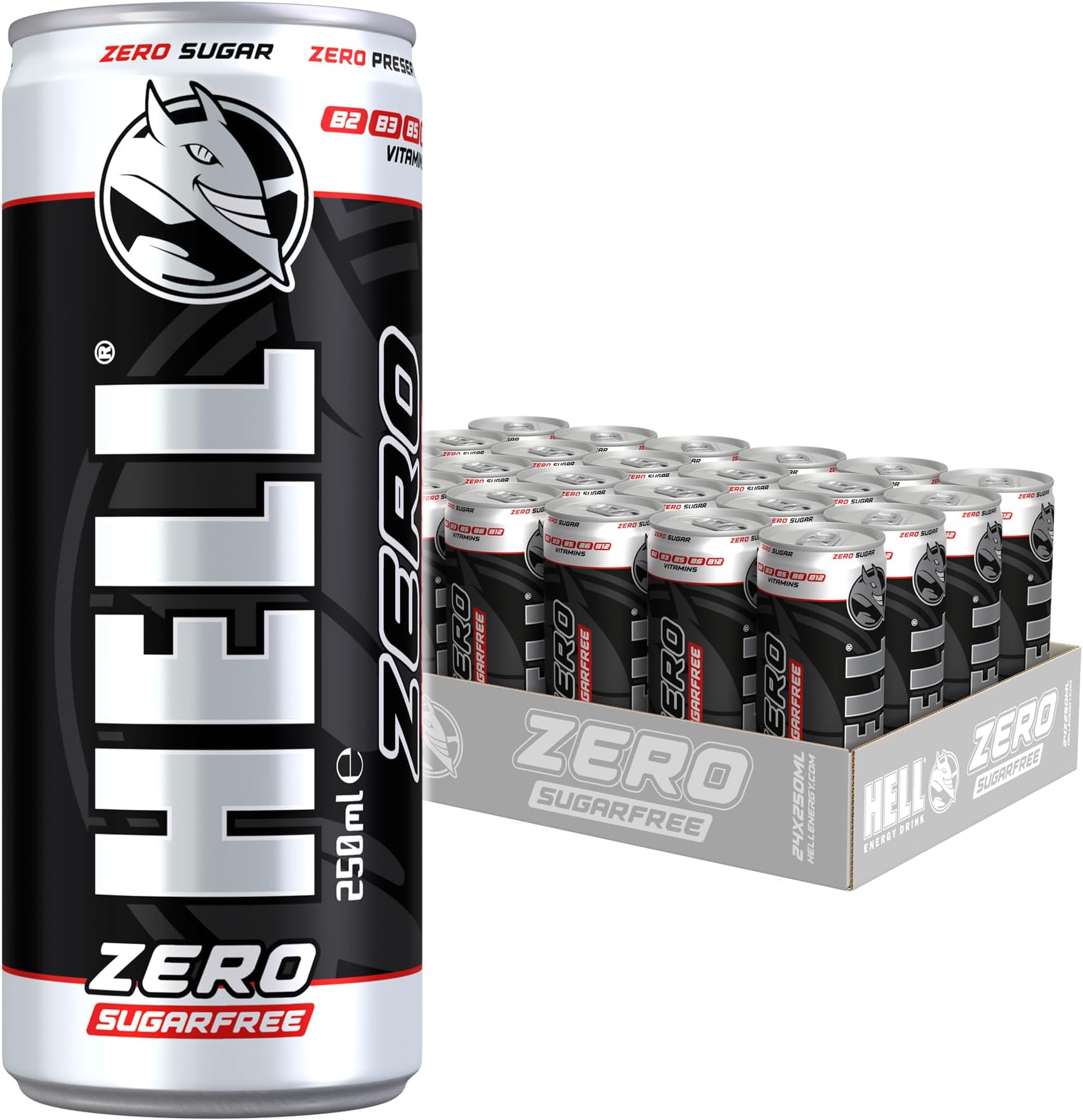 HELL Energy Drink Zero | Sugar-Free | 24 x 250ml Cans Multipack | 32mg/100ml Caffeine | Contains Vitamins B2 B3 B5 B6 B12 | Preservative Free | Vegan | Reduce Fatigue & Boost Energy
