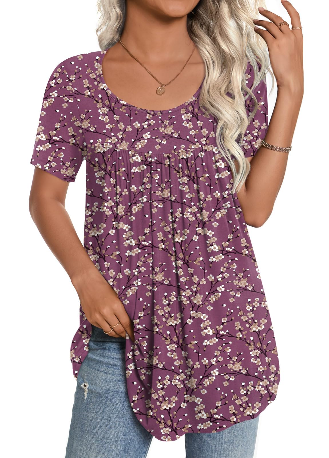 CATHY Women's 2026 Summer Short Sleeve Tunic Tops Loose Fit Comfy Blouses Casual Shirts for Leggings M-4XL