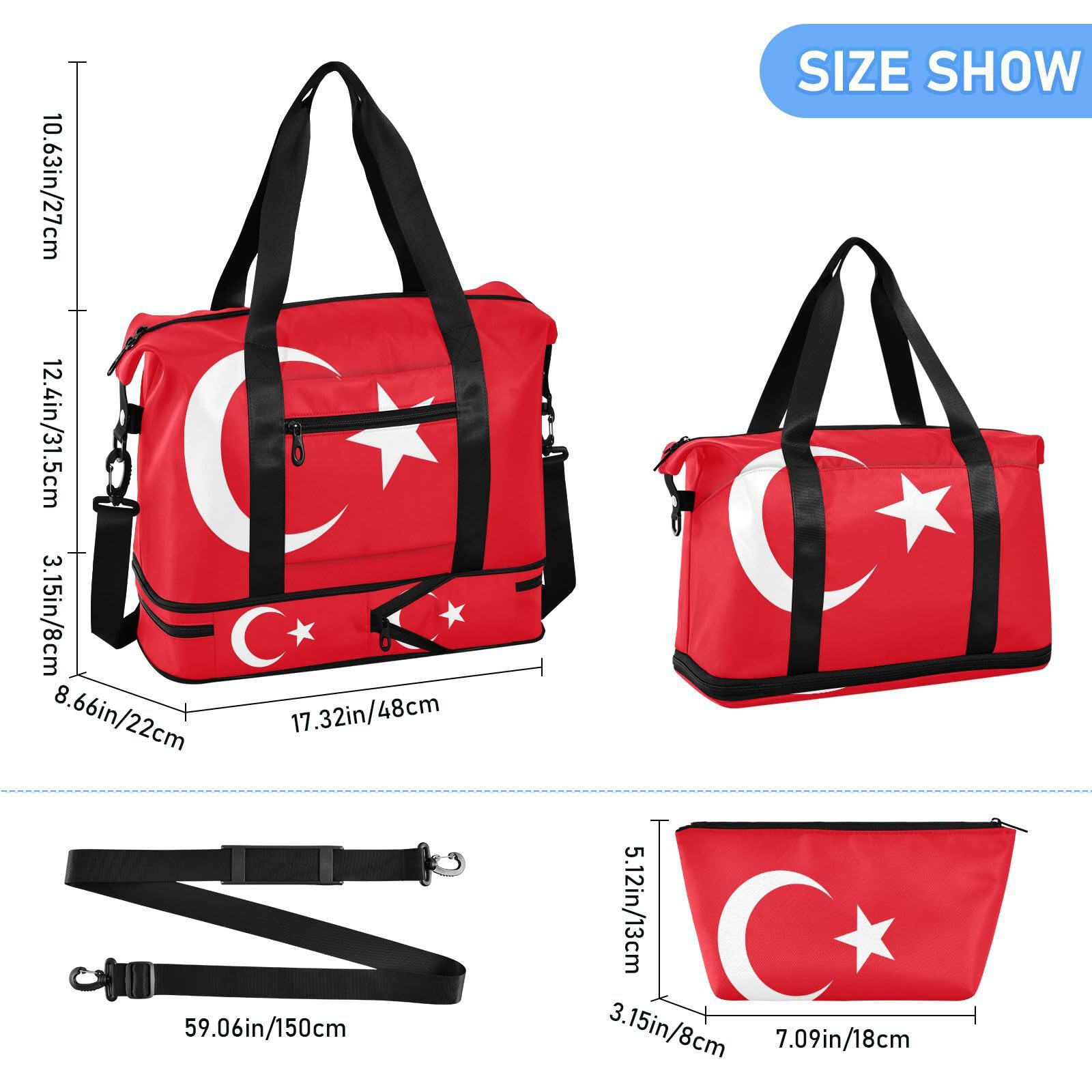 Bolsa de fin de semana con bandera de Turquía, color rojo turco, con bolsillo húmedo, correa ajustable, bolsa de gimnasio para senderismo, impermeable para hombres y mujeres