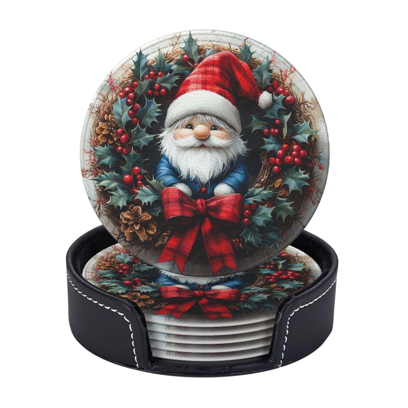 6 Pack Christmas Gnomes Leather Coasters for Drinks with Holder Sets Winter Xmas Heat Resistant Drink Table Cup Coasters for Kitchen Dining Cafe Holiday Decor Round