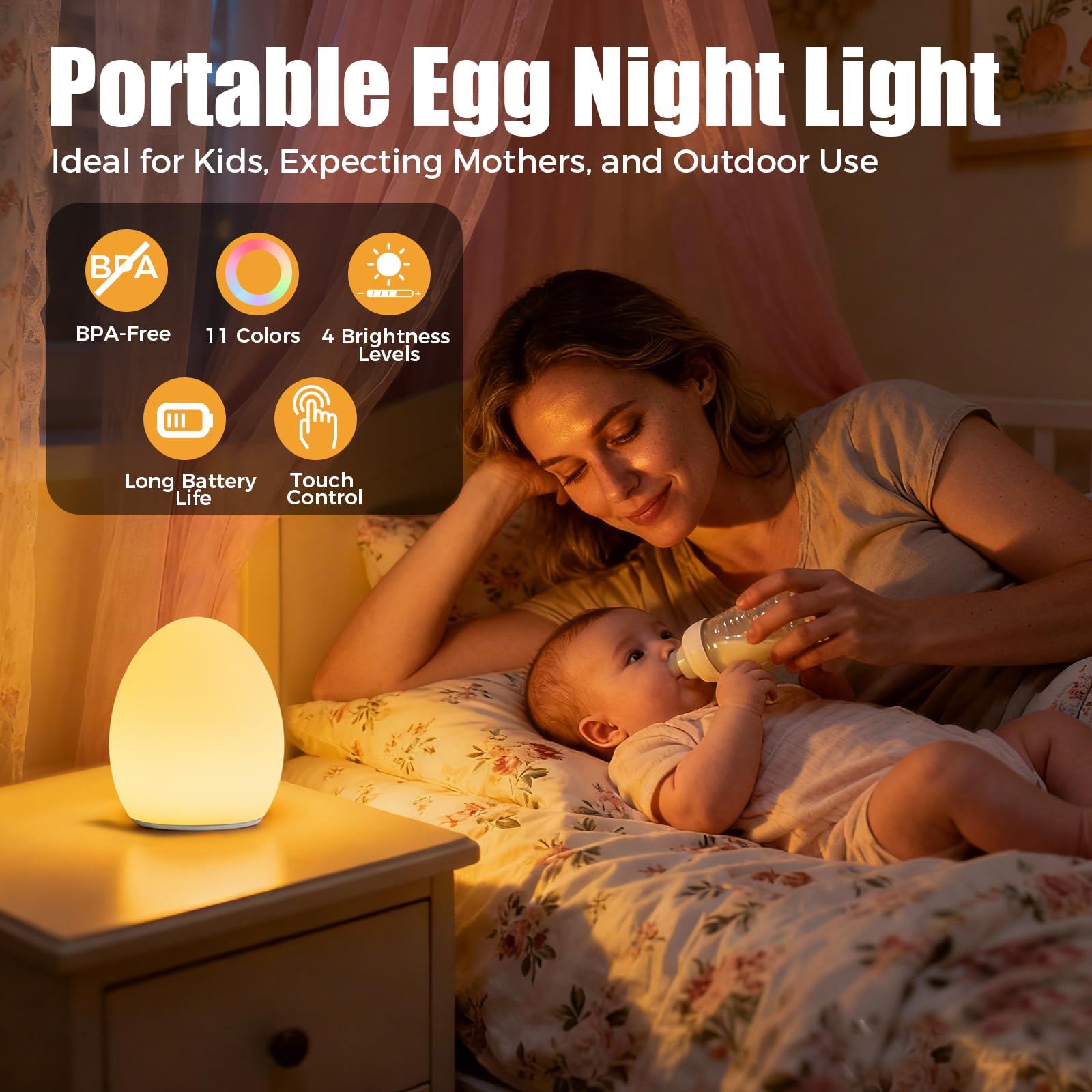 Luce notturna del bambino, luce dell'uovo di tocco con 7 colori, luce notturna dei bambini