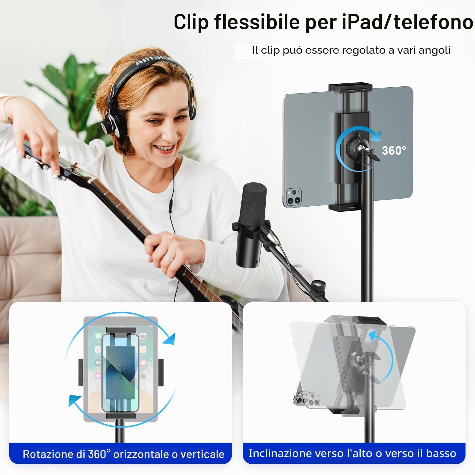 Supporto per microfono, Aokeo Mic Stand Pavimento con treppiede regolabile, Borsa da trasporto, Supporto Tablet, Adatto a qualsiasi microfono, Prestazioni, Cantare, Discorso