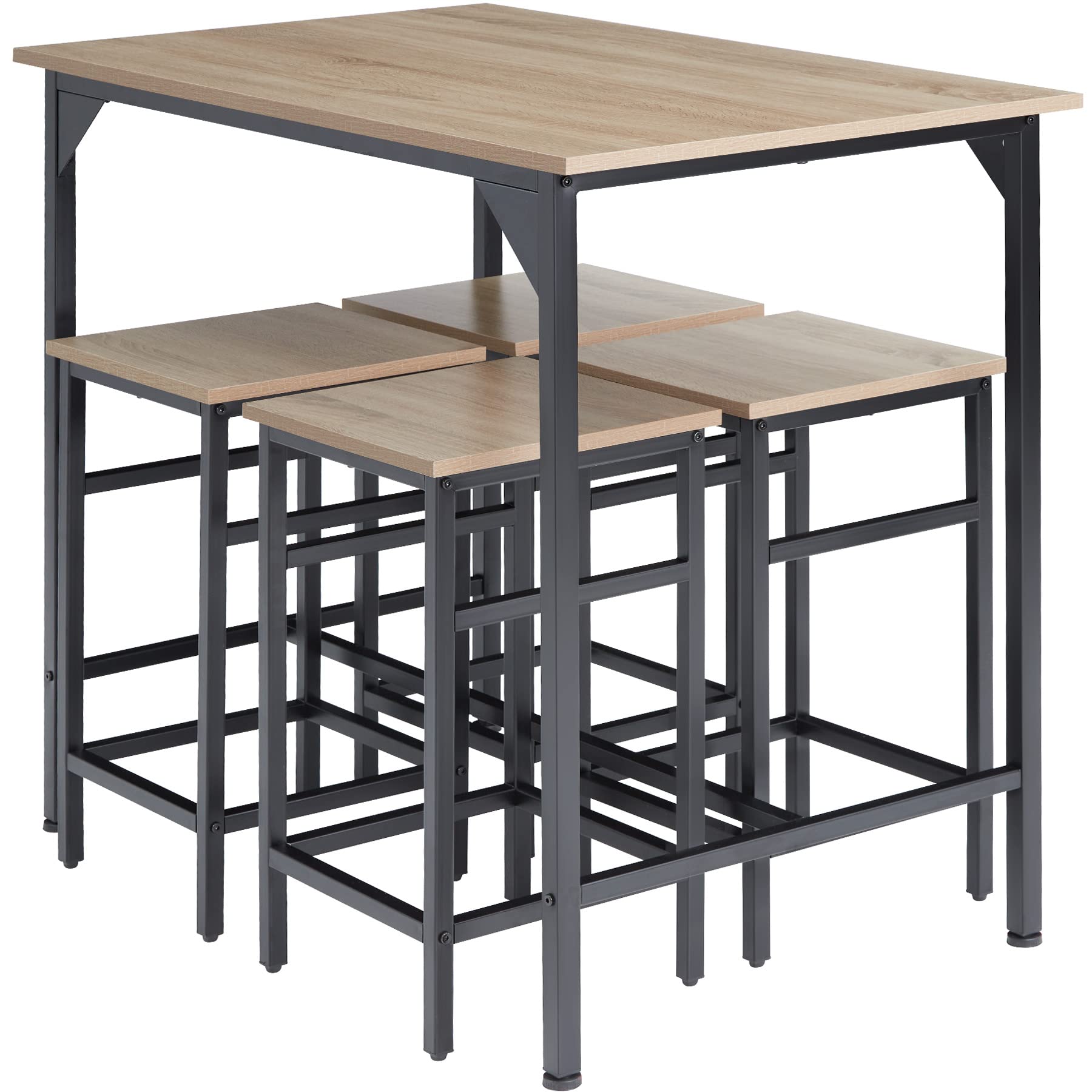 tectake® Mesa Alta de Bar con 4 Taburetes, Mueble de Cocina Estilo Industrial, Diseño Comedor y Mesa Cocina, Muebles de Salon, Taburete - 100 x 124 x 88,5 cm Madera Industrial Clara, Roble Sonoma