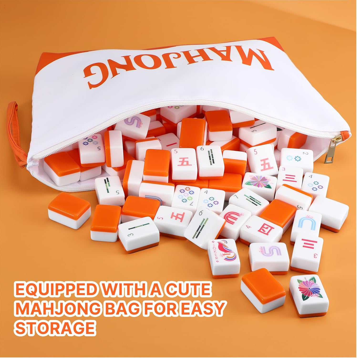 Soulchen Mahjong Tile Bag Set with 160 Orange Acrylic Mahjong Tiles with Zippered Letters for Family and Party Adults(1.4 x 1 x 0.8 Inches)