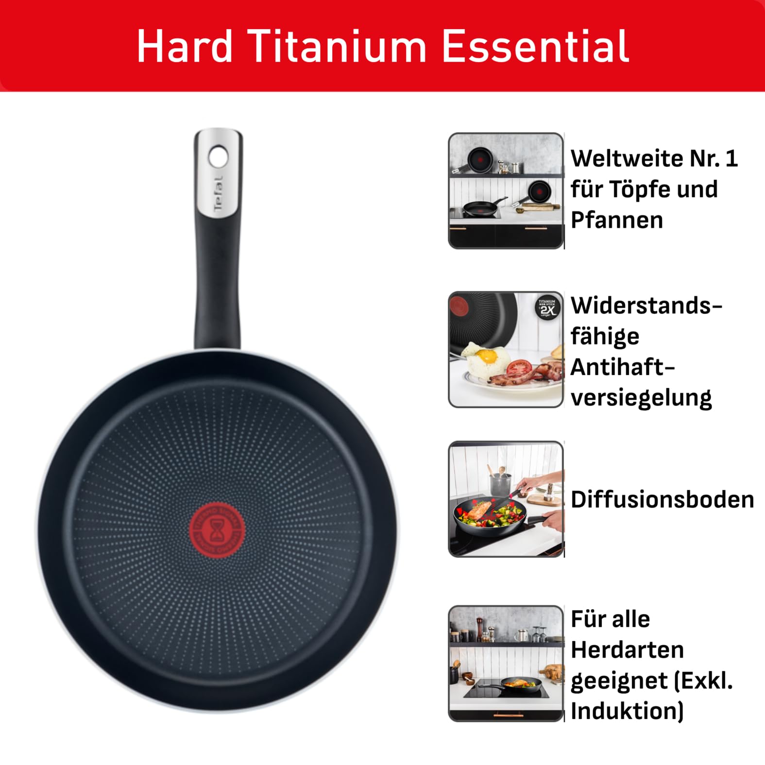 Tefal Hard Titanium Essential Bratpfanne 28 cm, Antihaftversiegelung, Thermo-Signal bei idealer Brattemperatur, spülmaschinengeeignet, Nicht induktionsgeeignet, Made in France, C38806