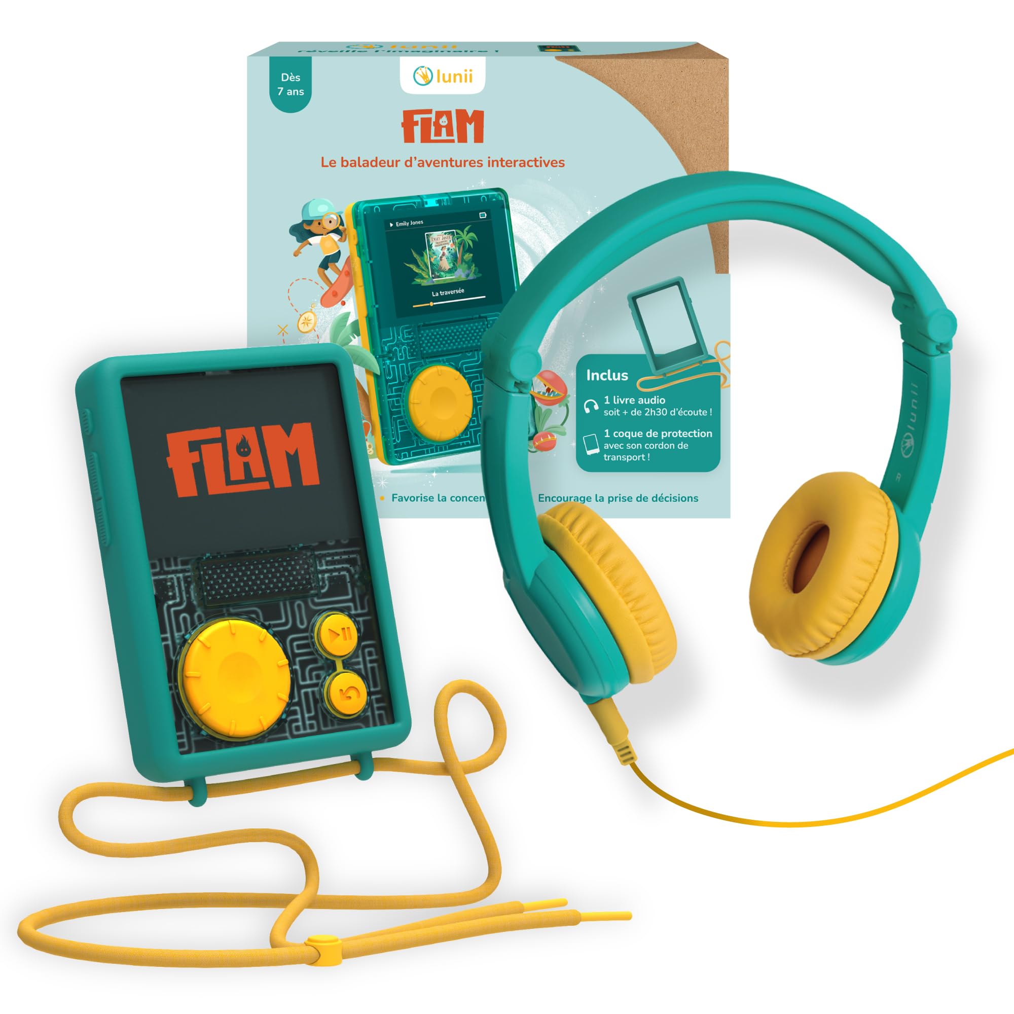 Lunii Pack Baladeur Audio Enfant FLAM + Coque Antichoc de Protection + Casque Audio Filaire – Boîte à Histoires dès 7 Ans sans Écran – Compatible avec Les Livres Audio de ma Fabrique à Histoires