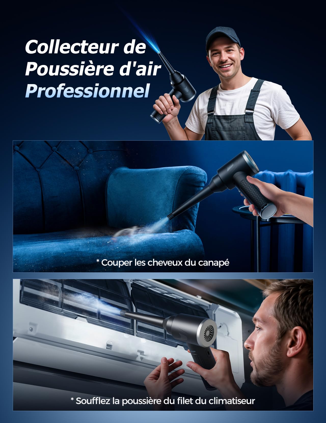 Souffleur Air Comprimé, 100000 TR/Min de Souffleur pc avec Batterie 9000mAh, Bombe Air Sec - Nettoyage PC, Plumeau Air Comprimé à 3 Vitessesavec Lumière LED pour Le Nettoyage de Canapé, Voiture