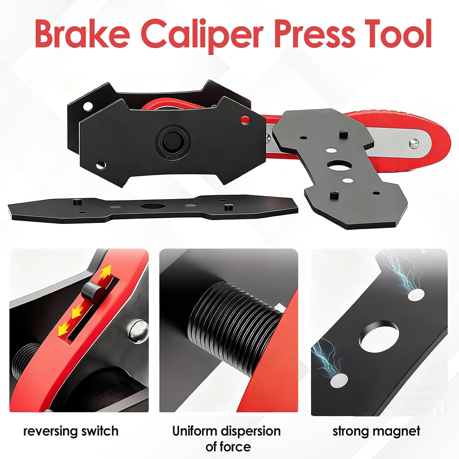 Brake Caliper Press Tool, Ratcheting Caliper Piston Compressor & Spreader with 360° Swing Design for Single, Twin, Quad Piston Disc Brakes, Includes 2 Large Steel Plates & 2 Hooks (Red)