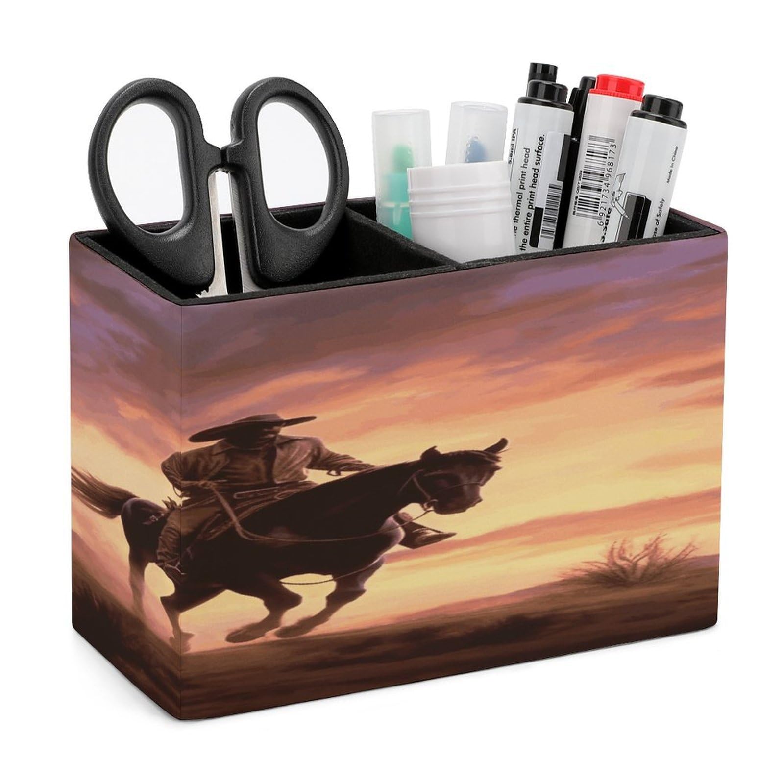 FekiLoot Cowboy West Leather Pen Holder for Desk Double Compartments Brush Minimalist PU Leather Pencil Holder Locker Organizer for Work Locker Accessories Pencil Cup for Desk