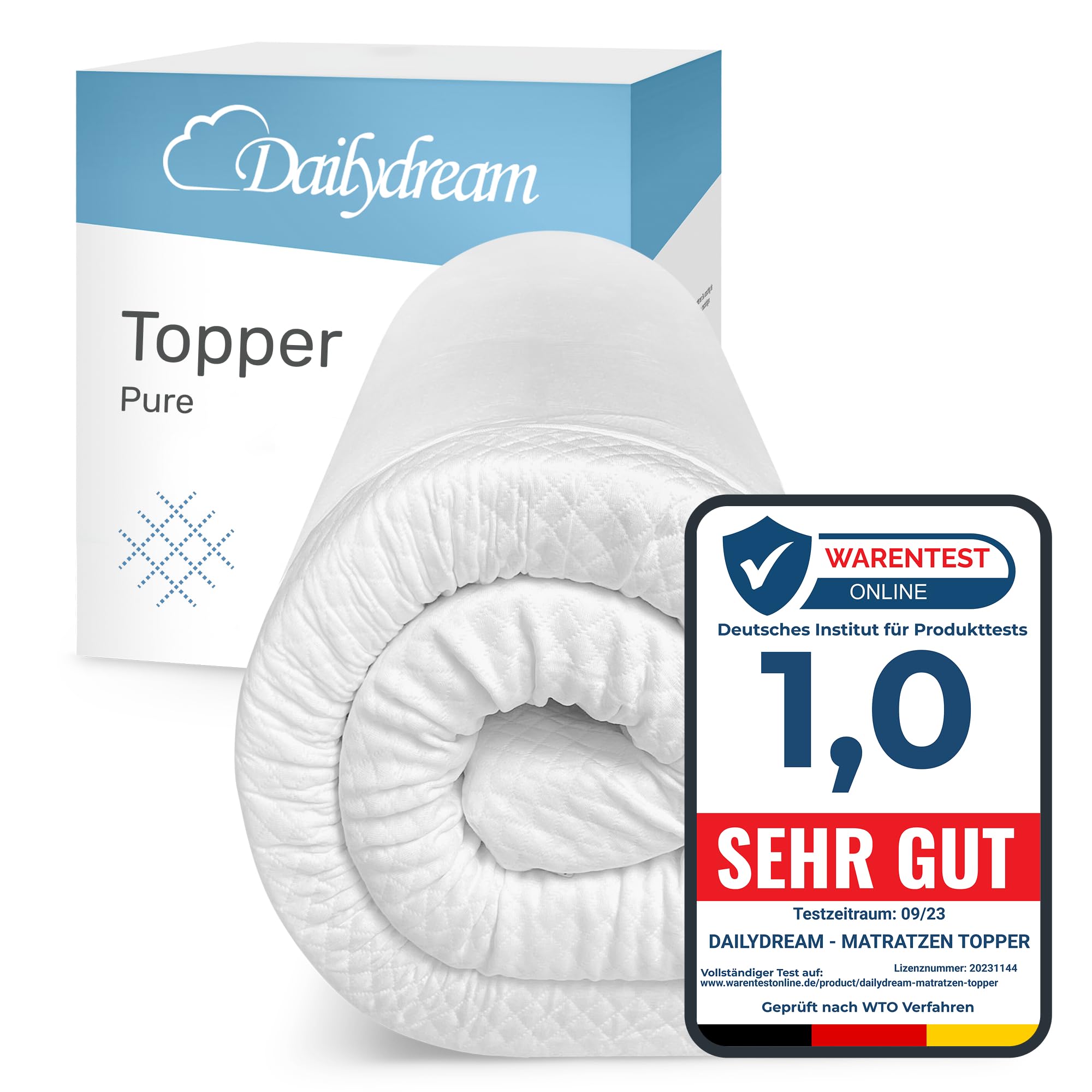 Dailydream Matratzen Topper 140x190cm | Memory Foam | 7cm hoch | Edition Pure, Model L | H1/2 |Zertifiziert & ergonomisch für unbequeme Matratze, Boxspringbett & Gästebett | rutschfest mit Noppen