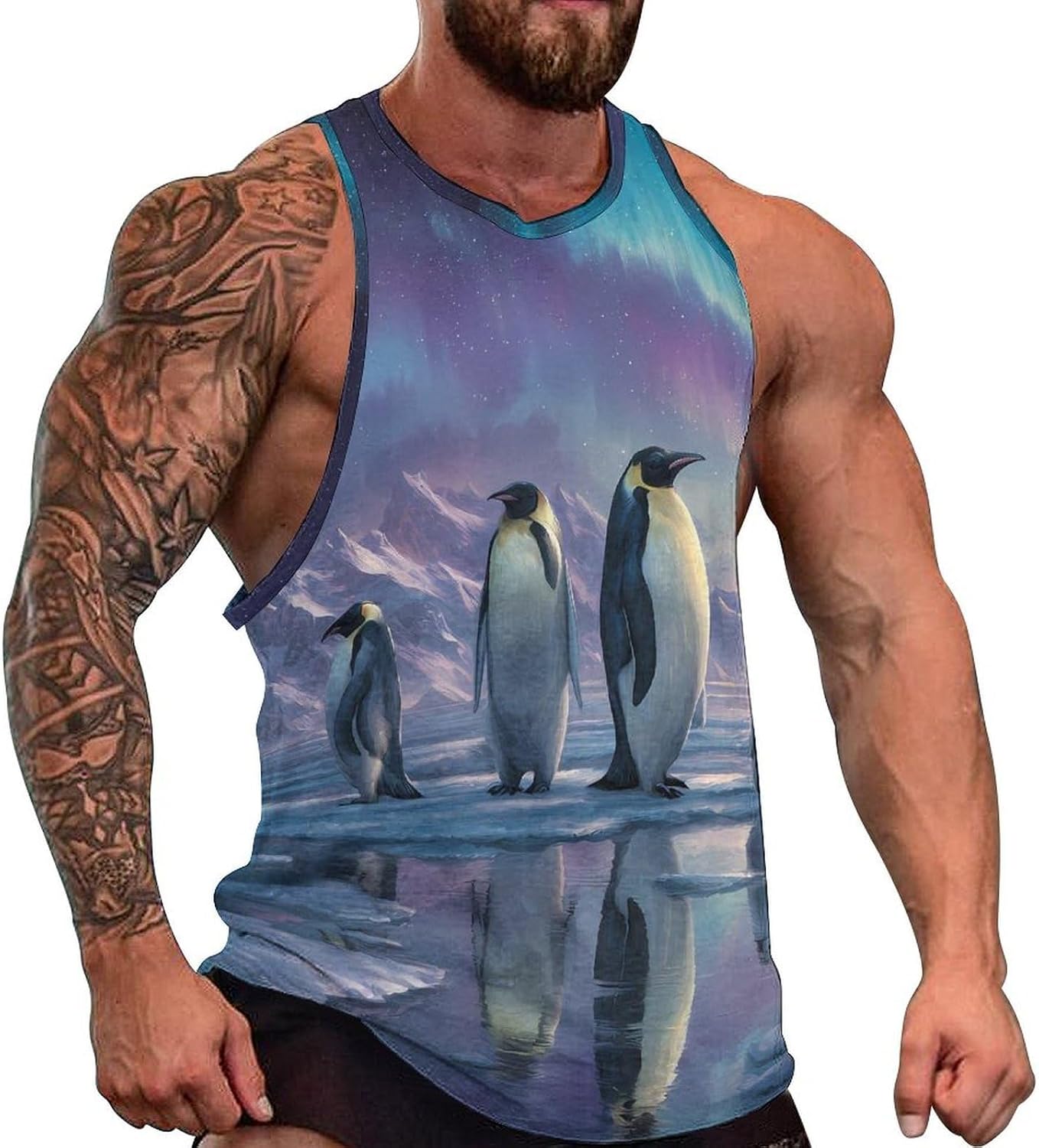 Penguins Northern Lights Men's Tank Tops Sleeveless Muscle Shirts for Men Lightweight Vest Crew Neck T-Shirts